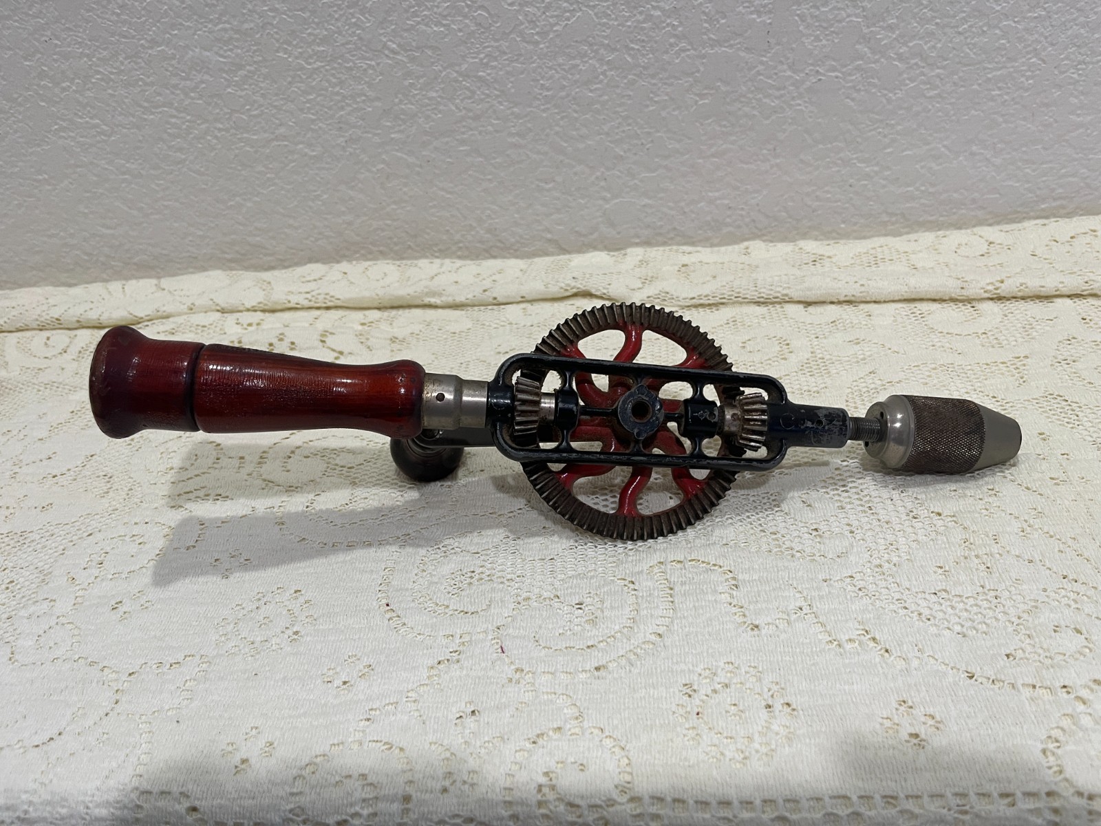 Vintage Eggbeater Hand Drill Manual Crank Wood Handle Red Gear Tool Decor