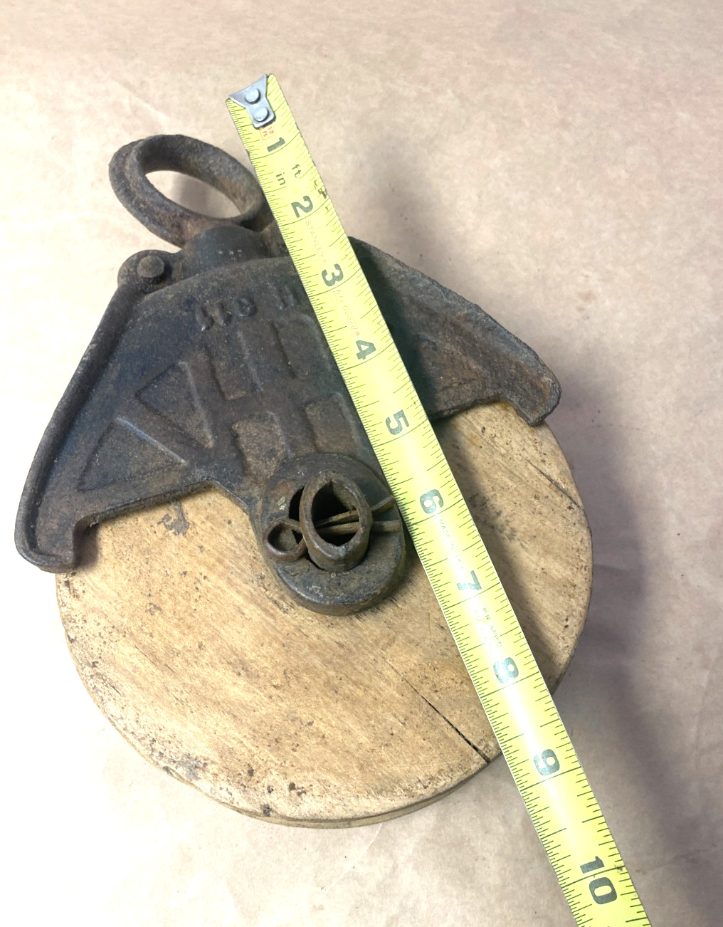 Vintage Antique Cast Iron Pulley – Signed Myers H310 – 6 Inch Wooden Wheel