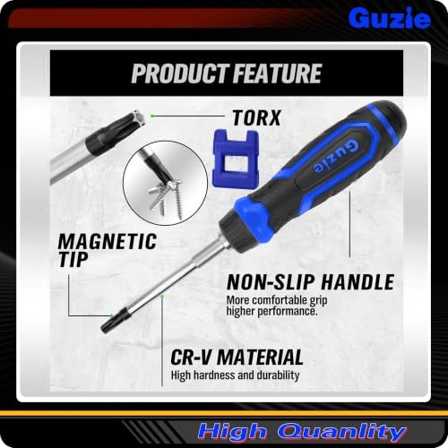 Guzie 15-in-1 Multi-Bit Ratcheting Screwdriver, 7 Double-Ended Tips |