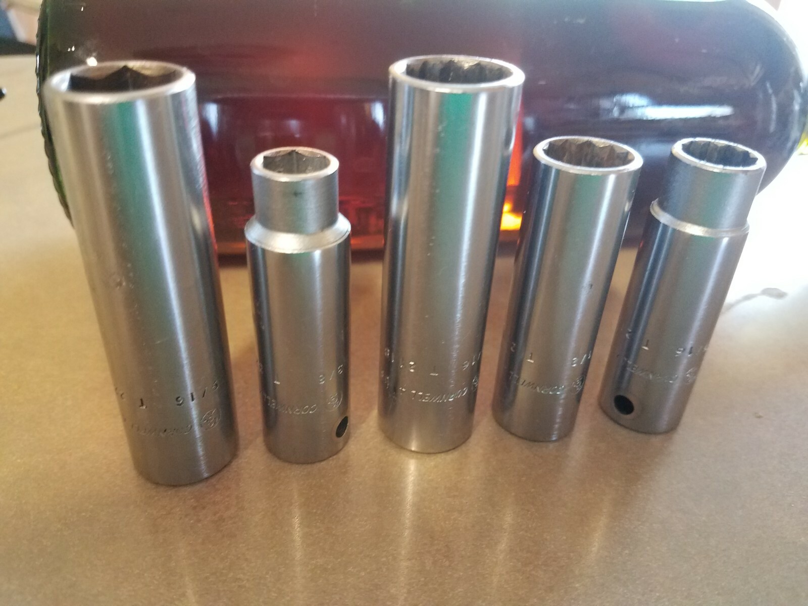 CORNWELL 3/8″ Dr SAE Deep Sockets Lot of (5) 6 & 12 Pt 3/8″ 7/16″ 1/2″ 9/16″ USA