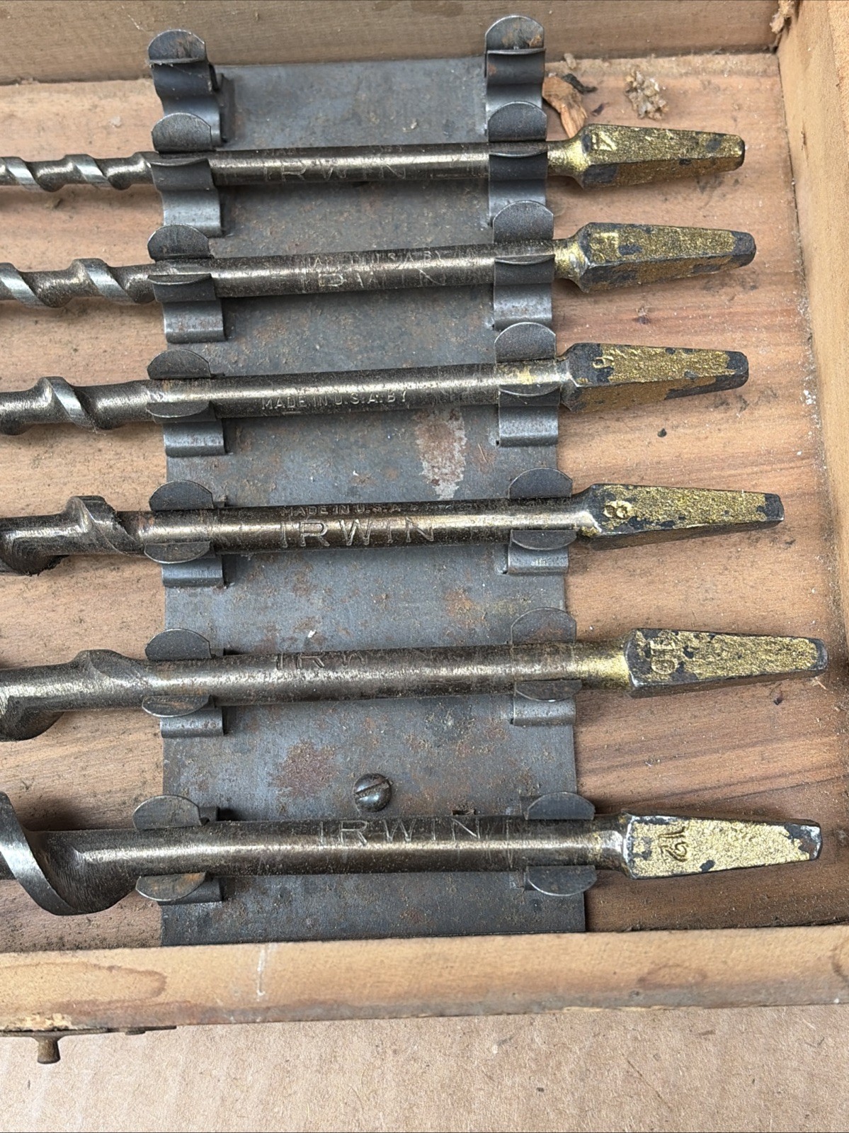 6 Pcs Vintage Irwin Auger Bit Set In Wooden Storage Box # 12, 10, 8, 6, 5, 4