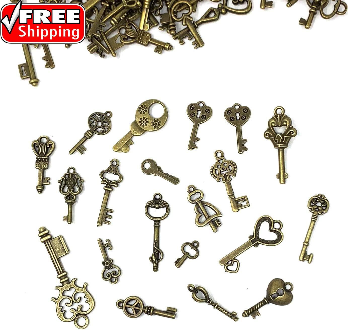 125 PCS Vintage Skeleton Key Set Charms, Mixed Antique Style Bronze Brass for P