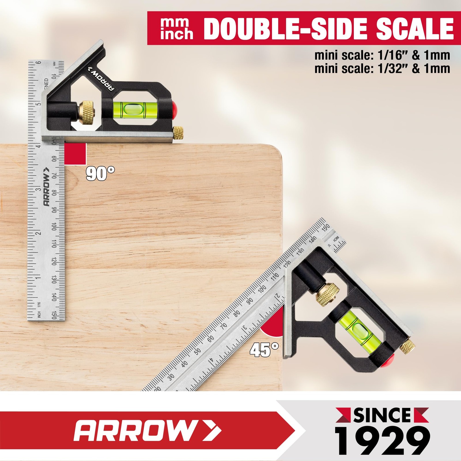 Arrow Combination Square, 6-Inch Combo Square with Stainless 6-Inch, Black