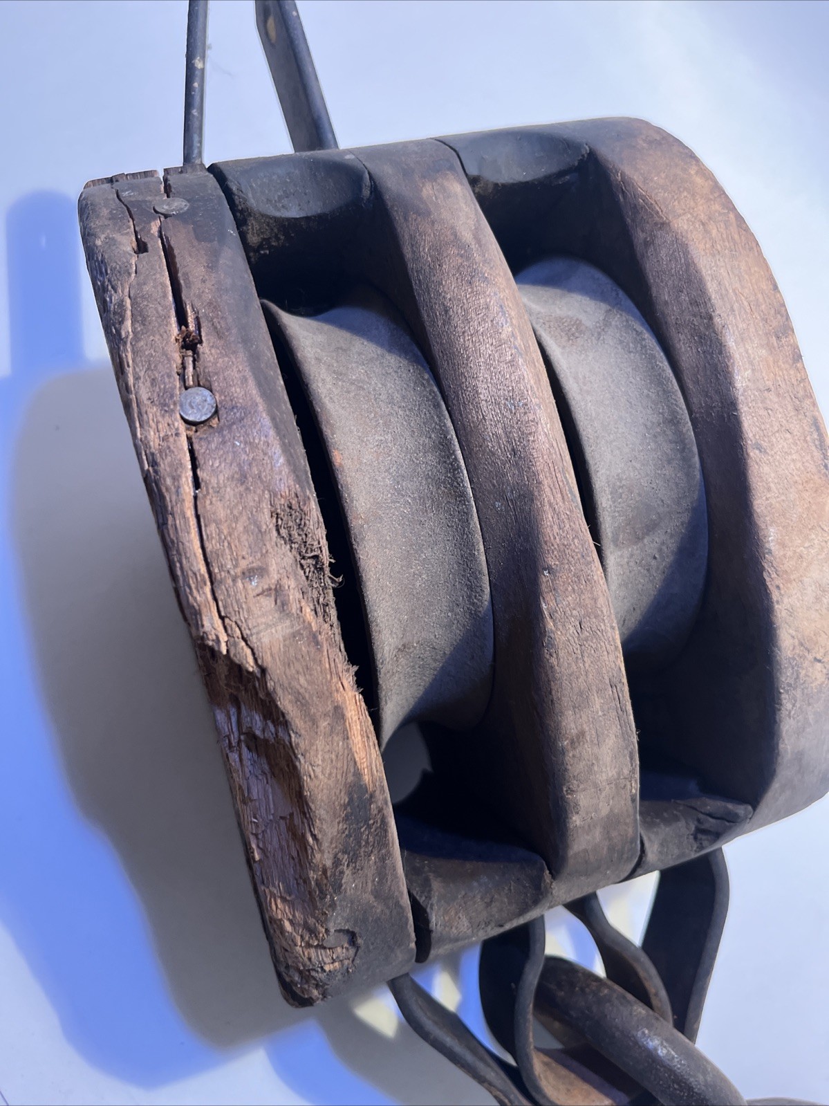 Vintage Wood Block And Tackle Double Barn Pulley Large Rustic Antique Hook