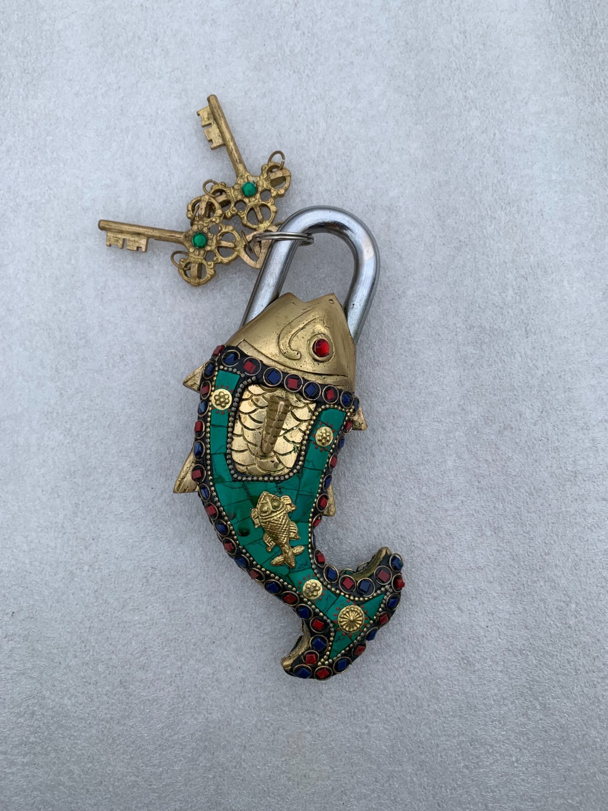 Brass Lock Fish design, Fish Shaped lock Stone work Vintage Door Lock With 2 Key