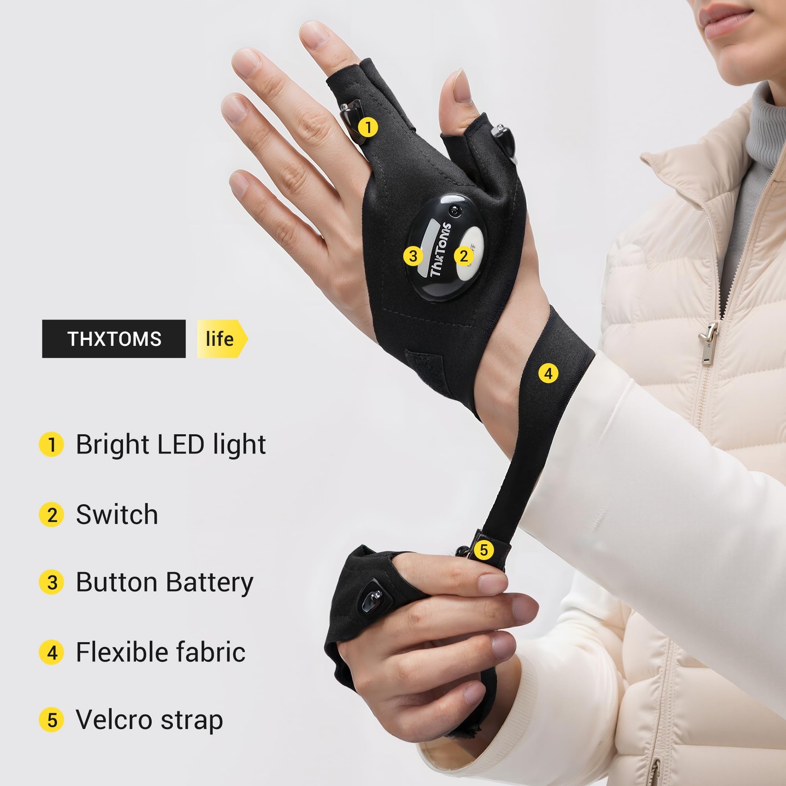 ThxToms LED Flashlight Gloves, Gifts for Him Men Boyfriend Adjustable, Black