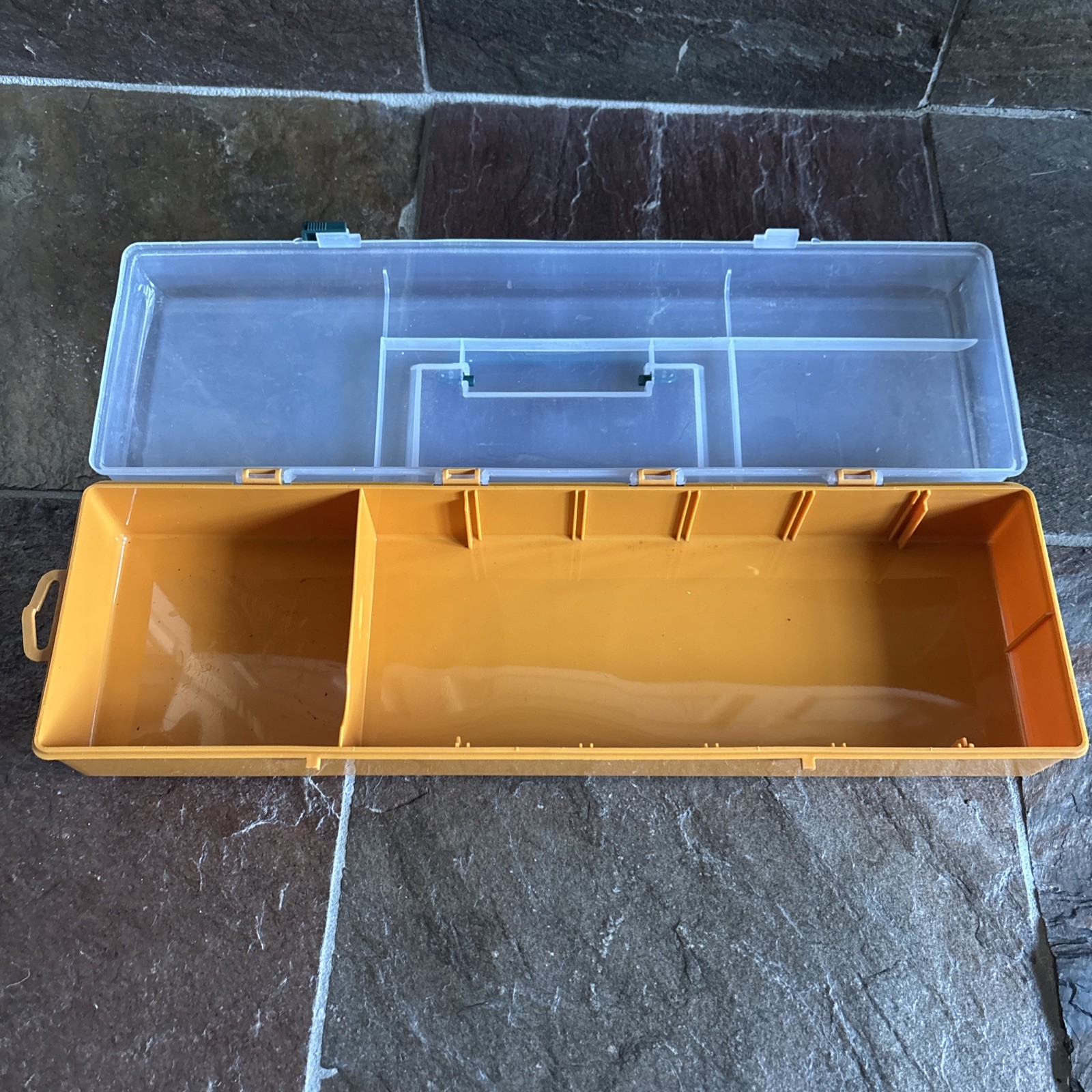 Vintage Orange Plastic Toolbox / Tackle Box With Clear Lid / Multi compartment