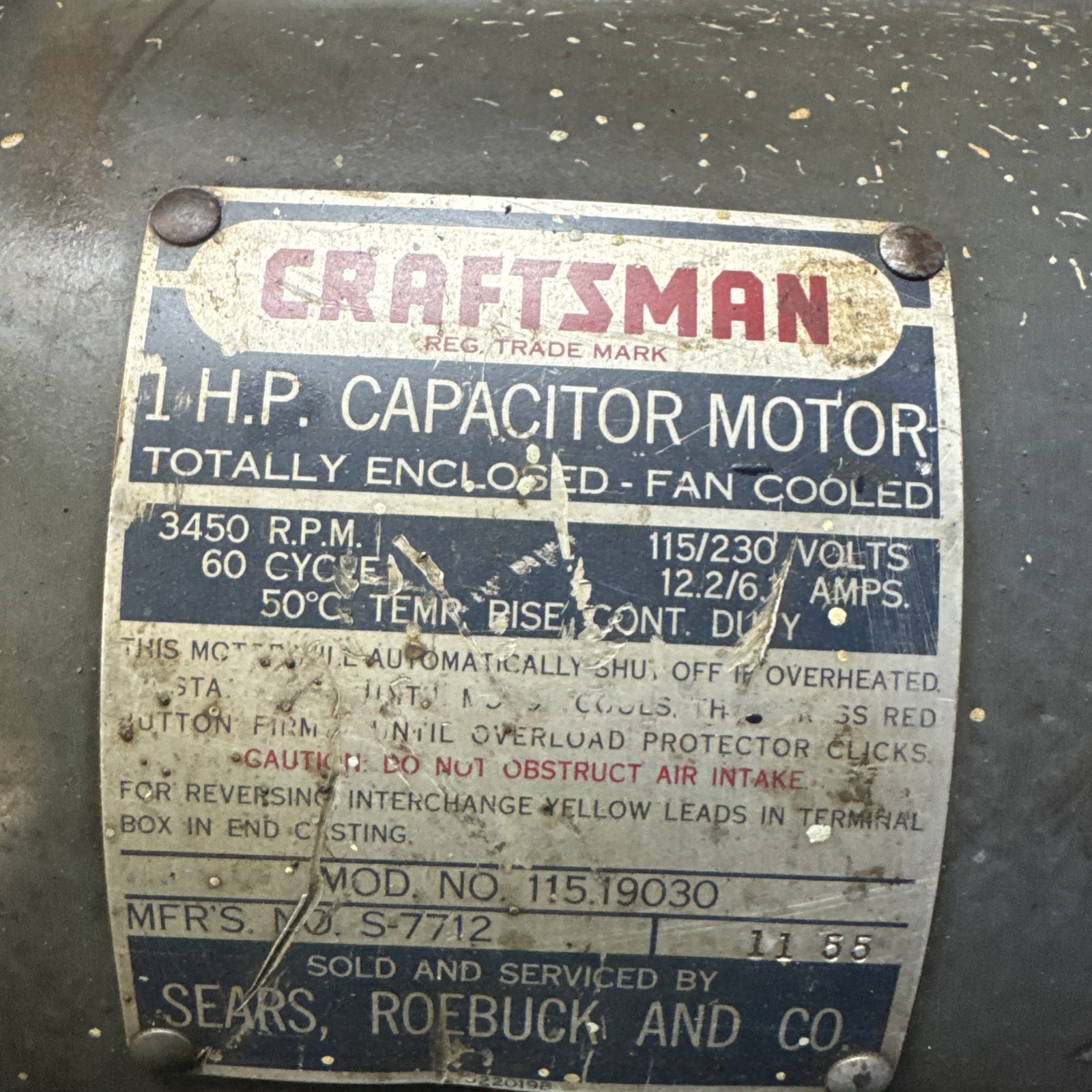Craftsman 1 HP Capacitor Motor 115.19030 115/230v 3450 RPM Fan Cooled