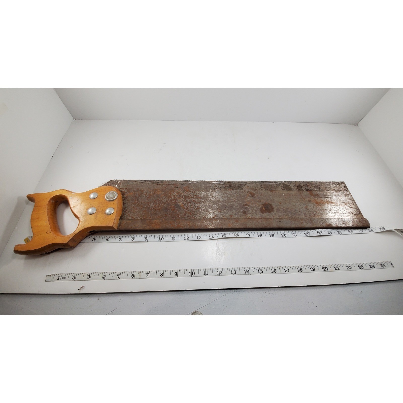 Vintage Hand Saw Wood Handle 28″ Carpentry Tool Rusty Patina