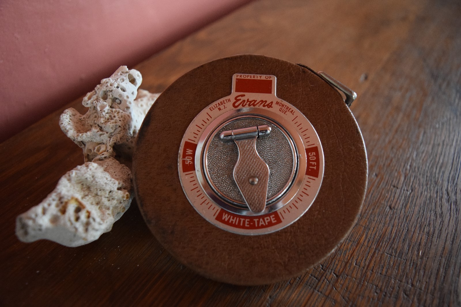 Vintage Evans 50 FT White ReelTape Measure~Brown Leatherette