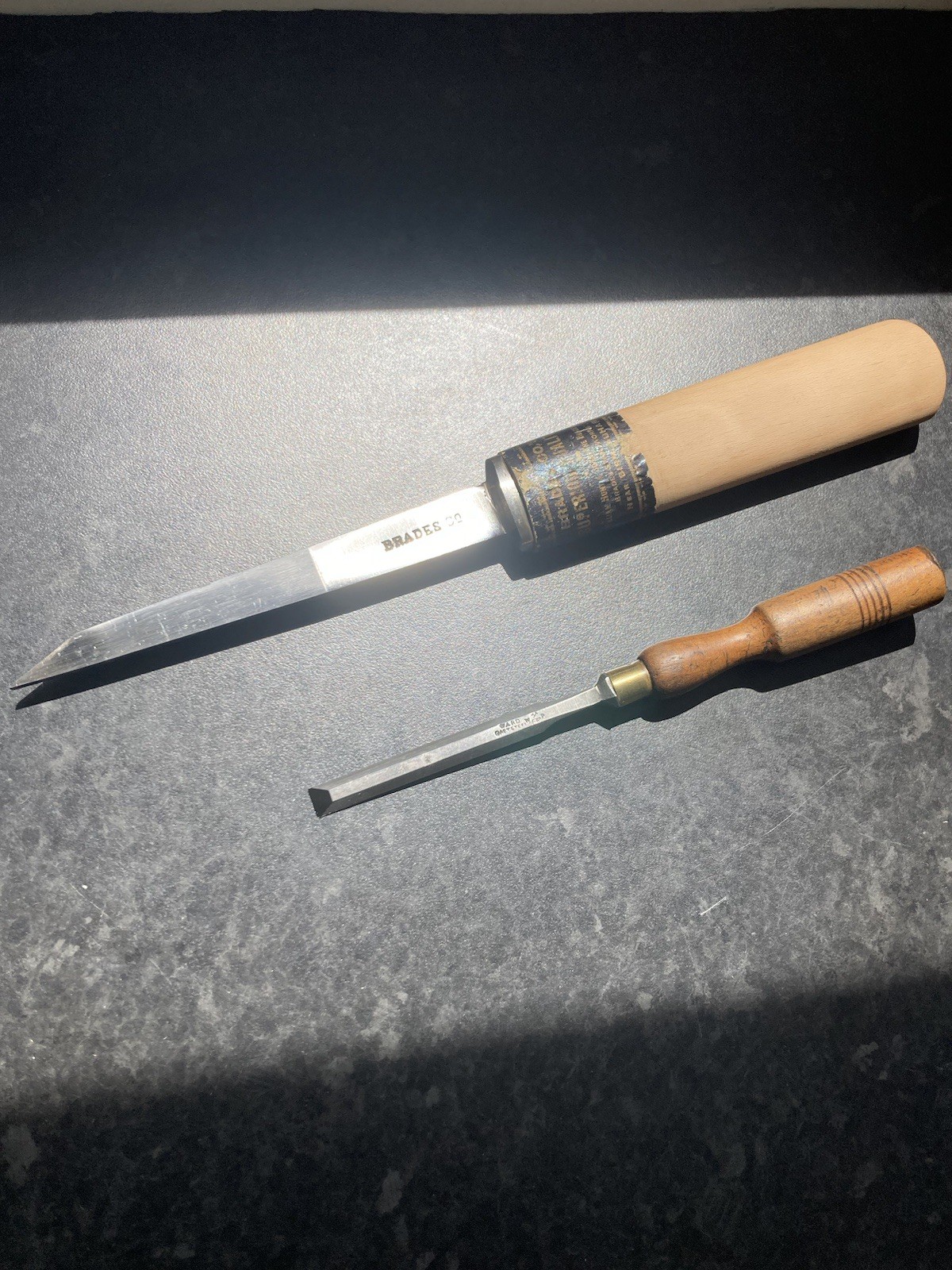 Vintage Ward 3/8 Inch Bevel edge Chisel & Brades & Co 1/8 Inch Mortice Chisel