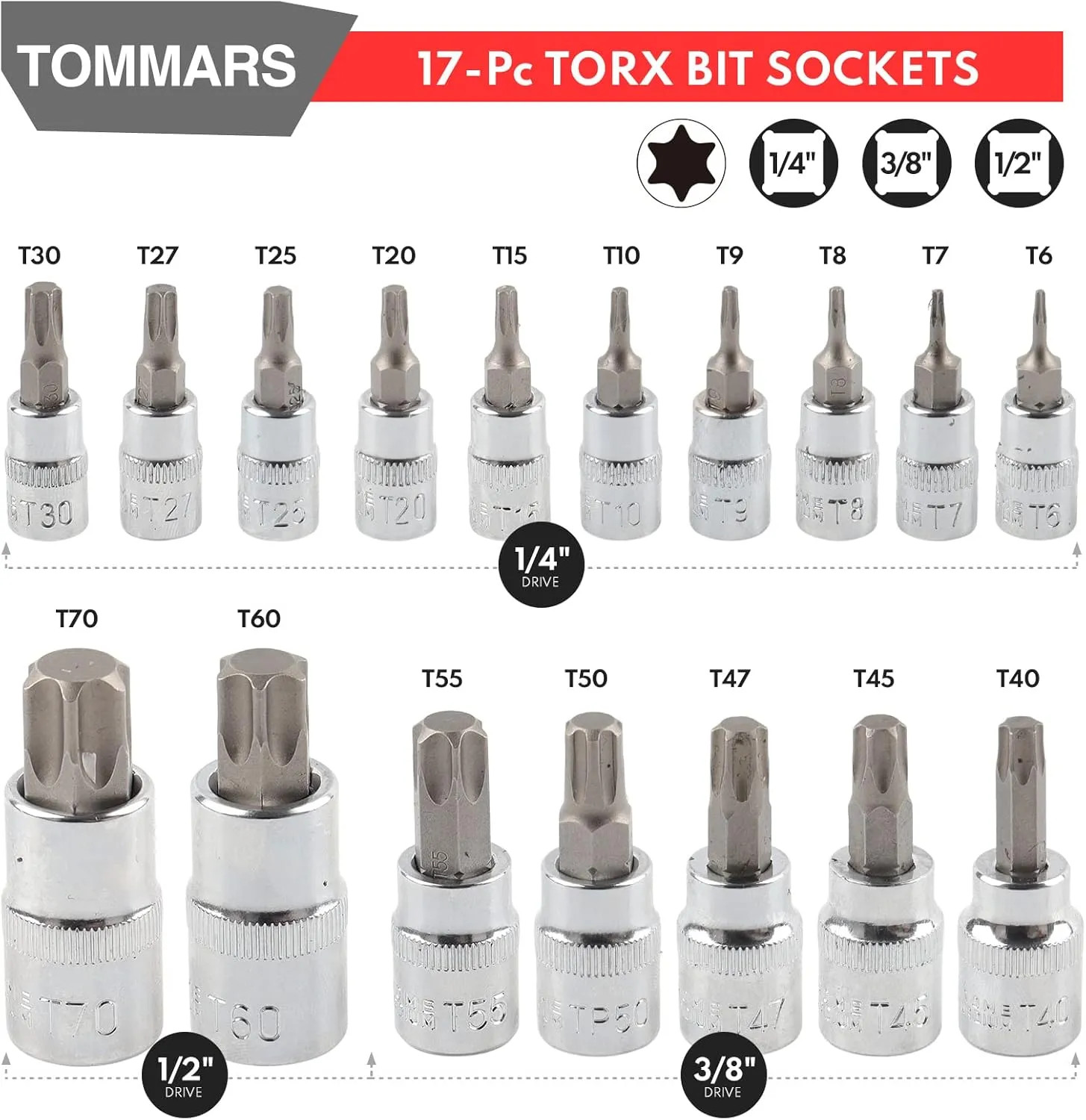 60 Piece Master Torx Bit And External Socket Set 1/4 3/8 1/2 Drive S2 Steel Tool