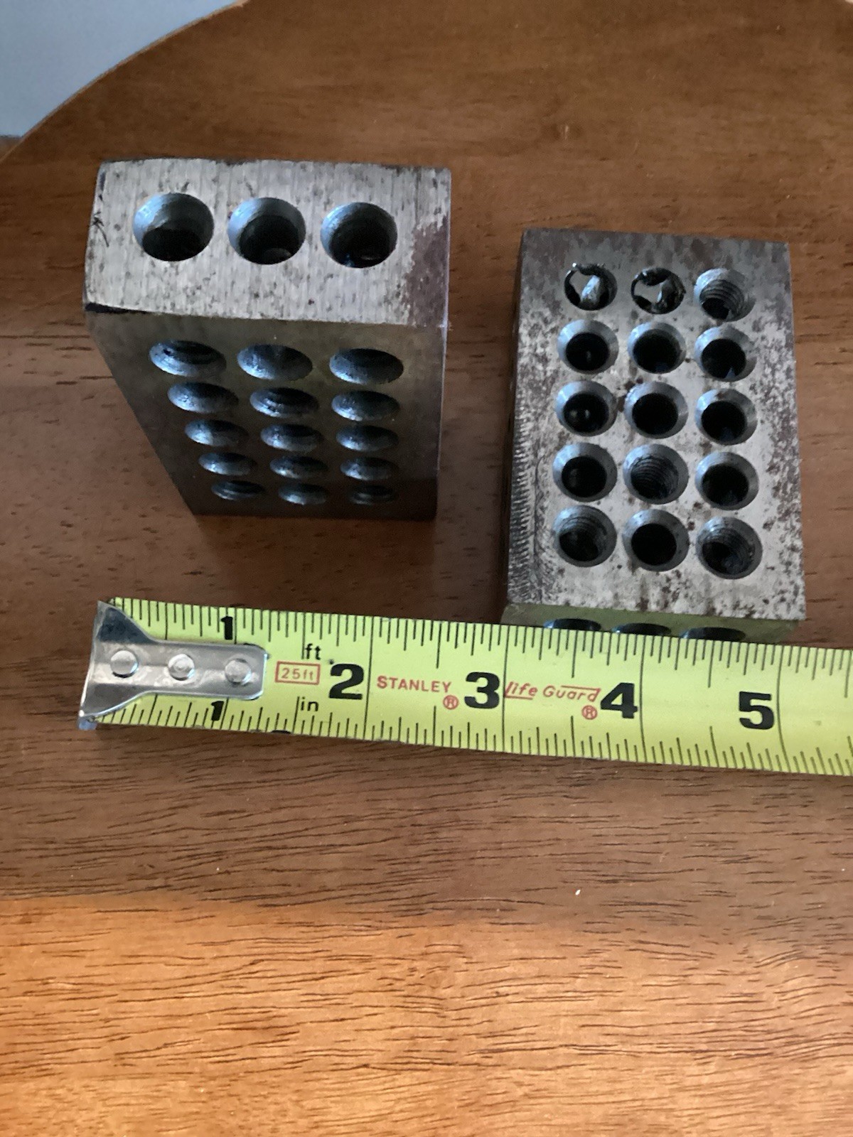 Pair Heavy Steel Machinist Fixture Blocks 4×4 Hole Grid ~3/8” Holes Shop Tool