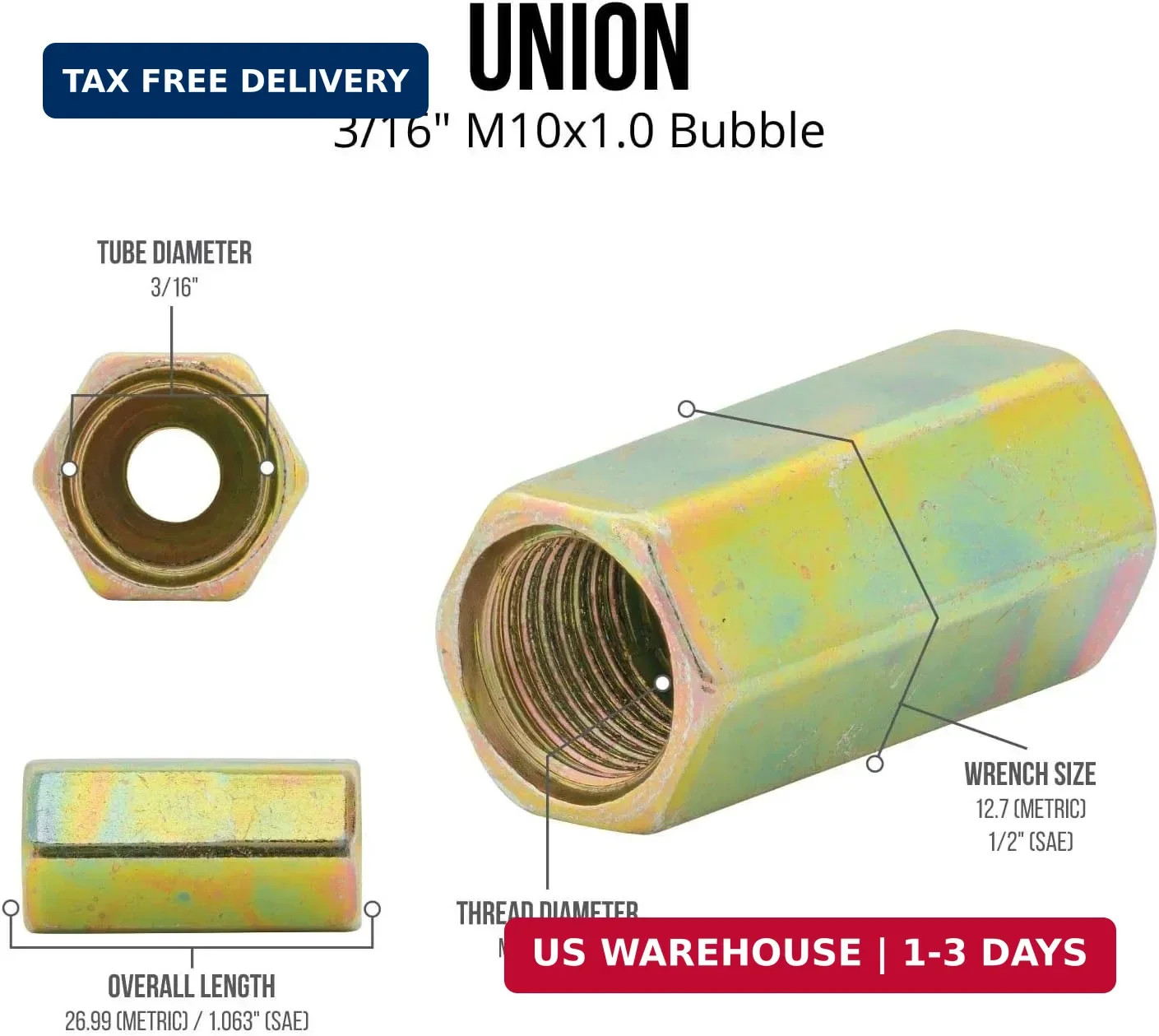 4LifetimeLines Brass Brake Line Union – 3/16″ (4.75 mm) M10 x 1.0 Inverted Flare
