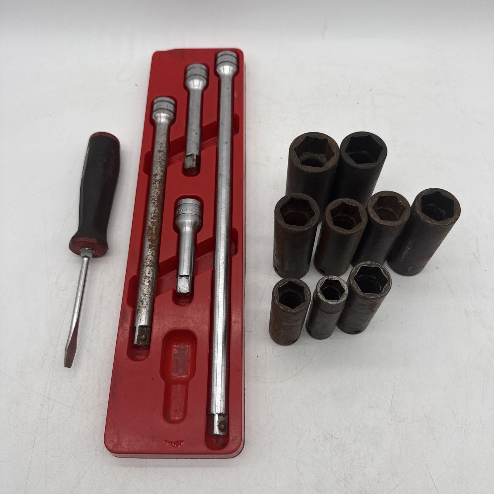 Vintage Snap-On Lot of 9 Deep Well Impact Sockets, 4 Ext, 1 Flat-Head Screw Dri