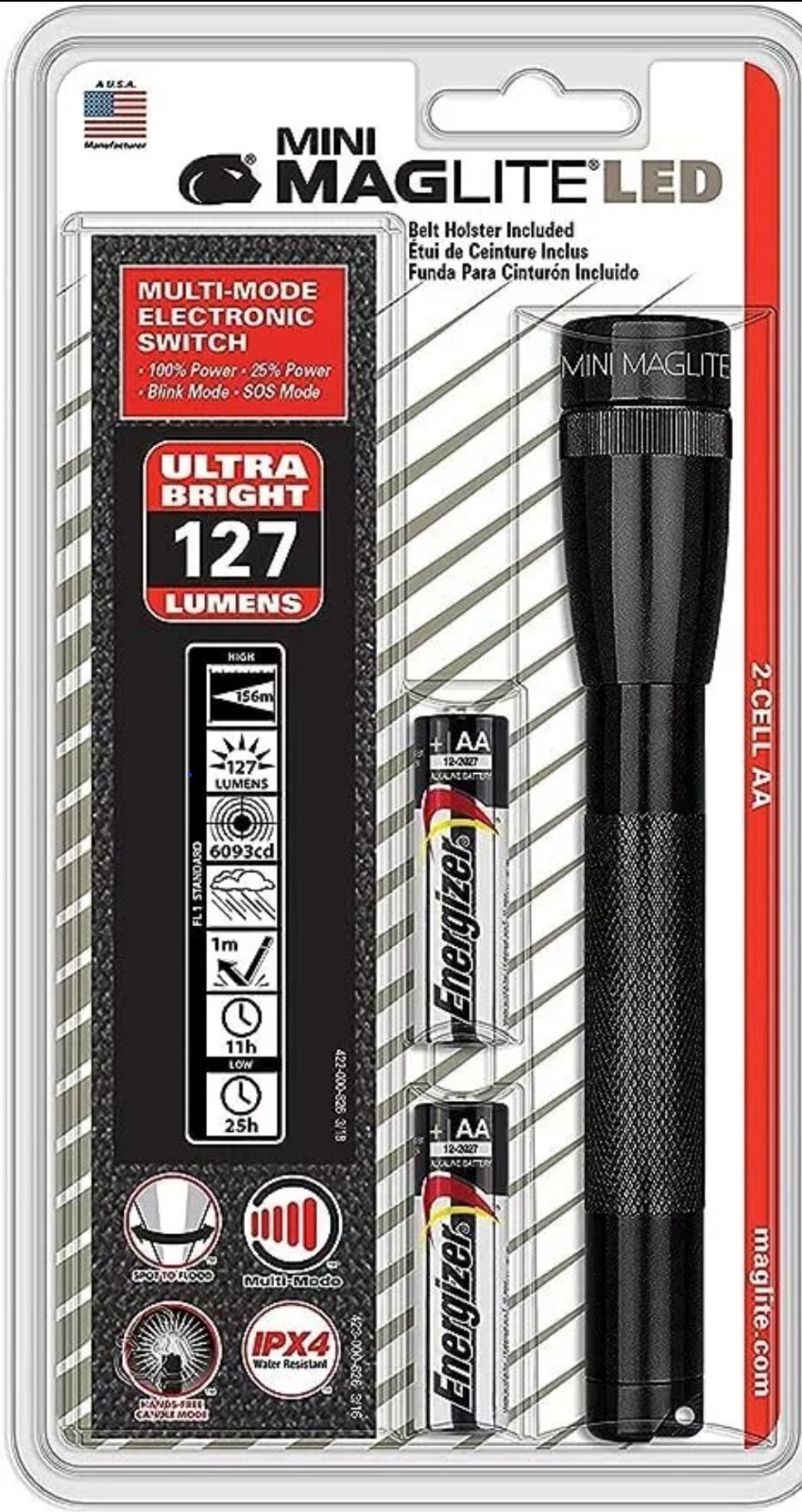 Maglite Mini LED 2-Cell AA Flashlight with Holster, Black