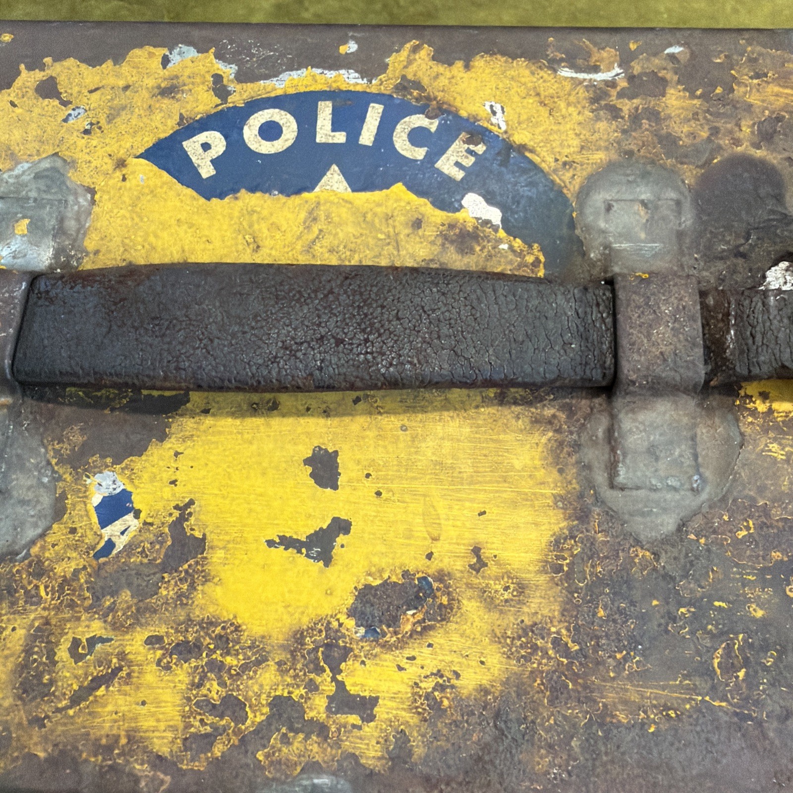 Vintage Metal Box with a Latch and a Police Decal