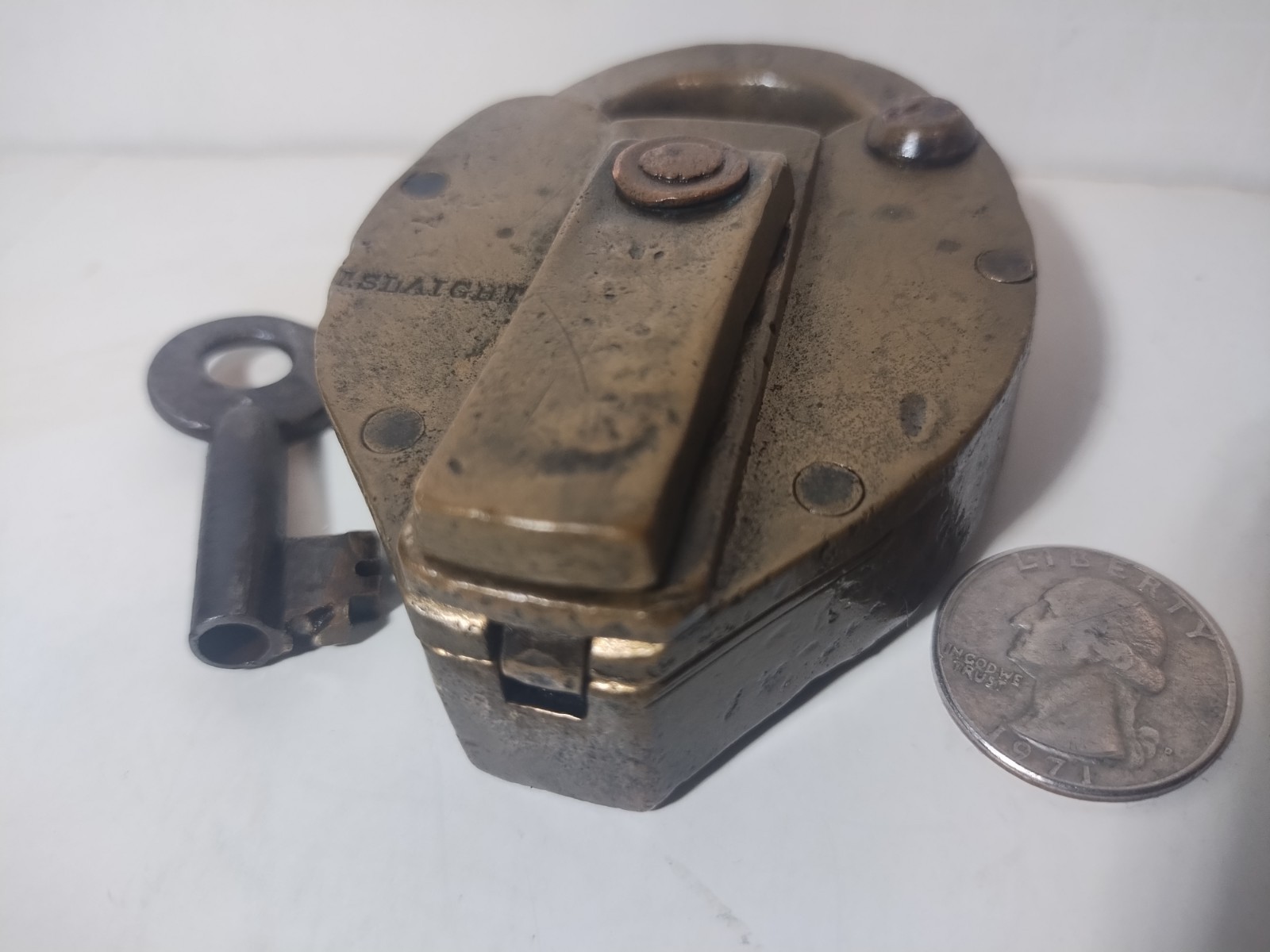 Rare Antique T Slaight Padlock w Skeleton Key Works Heavy
