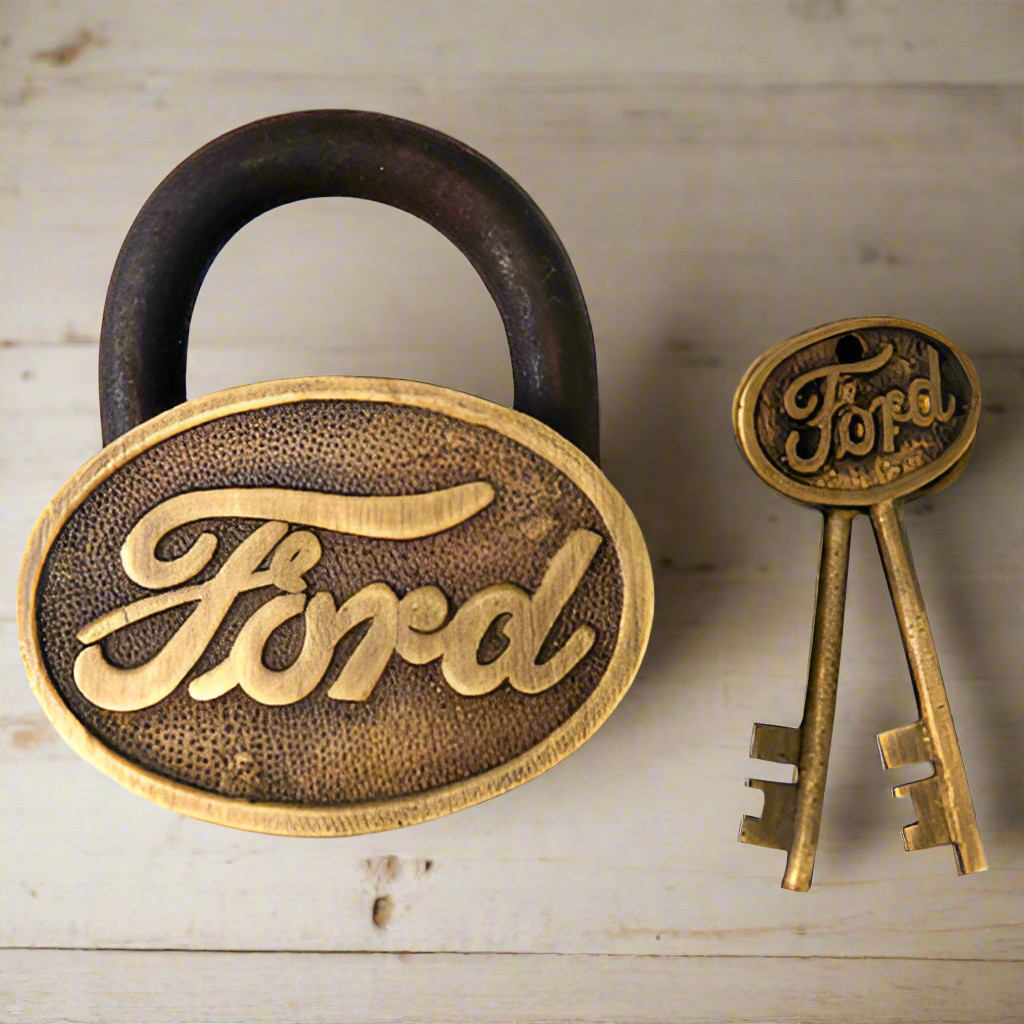 Ford Logo Cast Iron Lock With Raised Lettering Antique Finish (3.5″ x 3″)