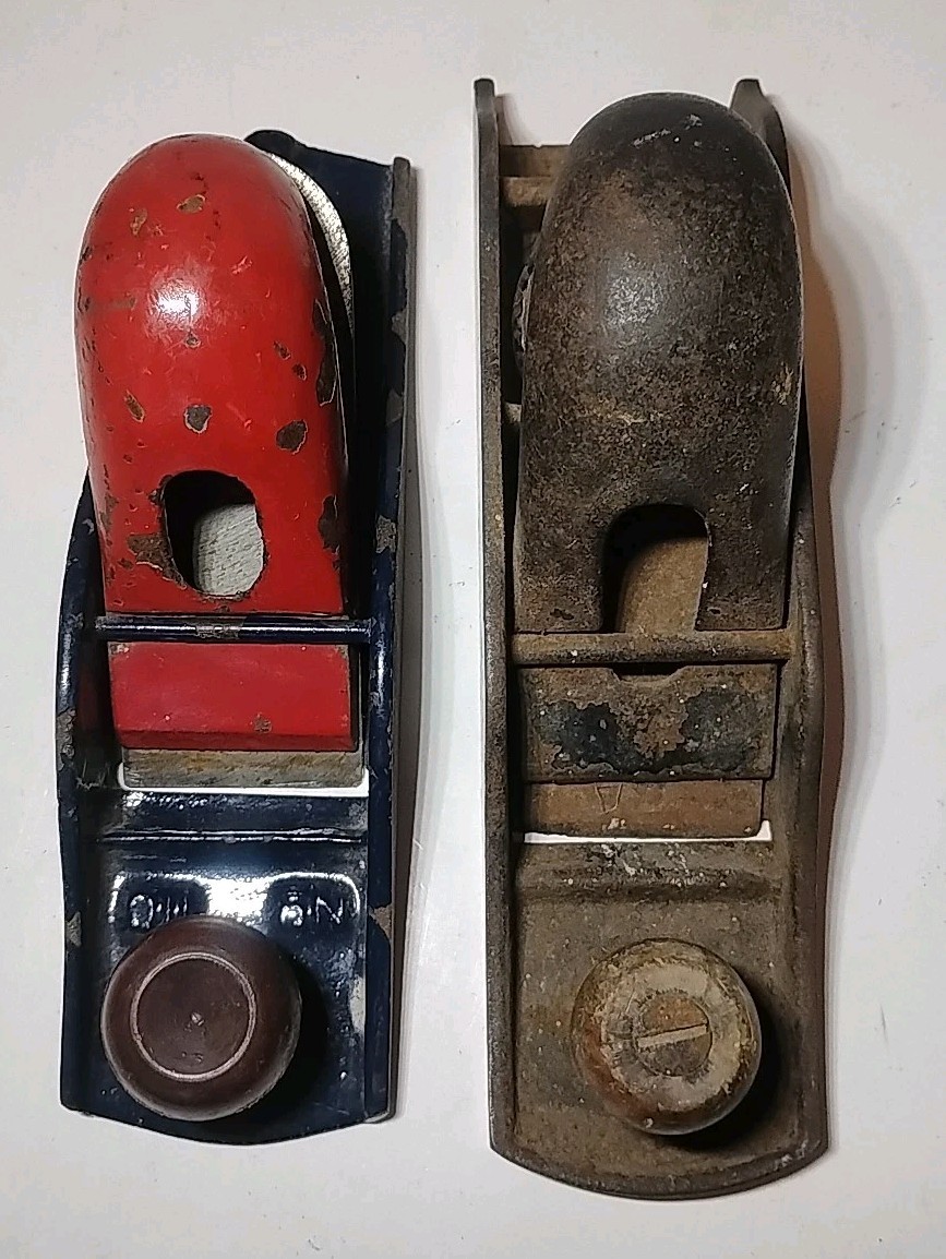 2 Vintage Block Plane 6” Wood Working Craft Antique Brand? Red Blue Hand Tool