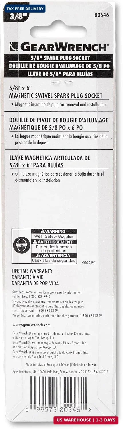 GEARWRENCH 3/8″ Drive 6 Pt. 5/8″ x 6″ Magnetic Swivel Spark Plug Socket – 80546