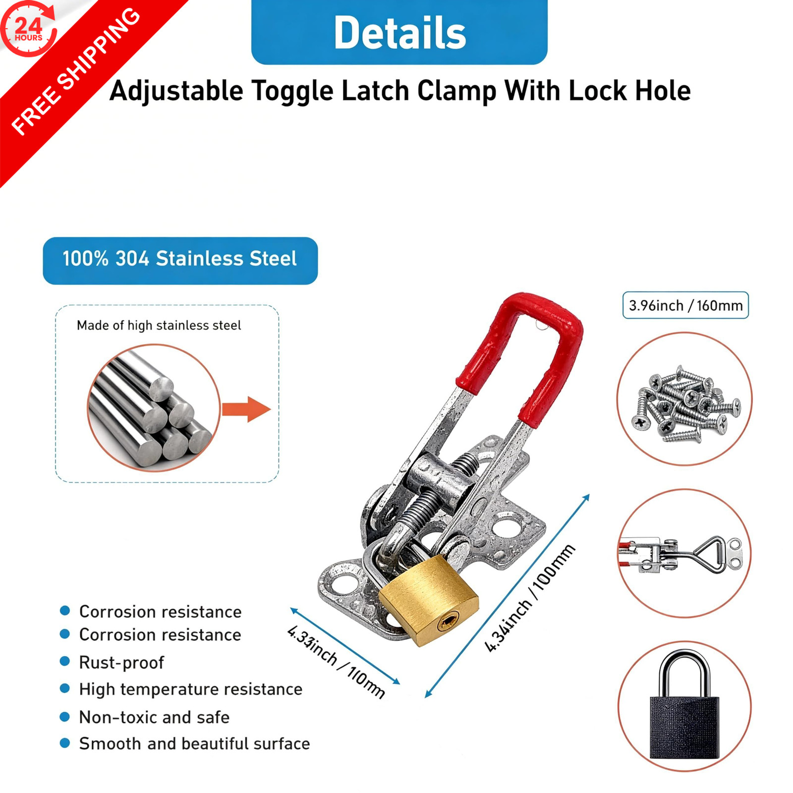 4 PCS Toggle Latch Clamp 4001 with lockhole,Adjustable Stainless Steel Silver