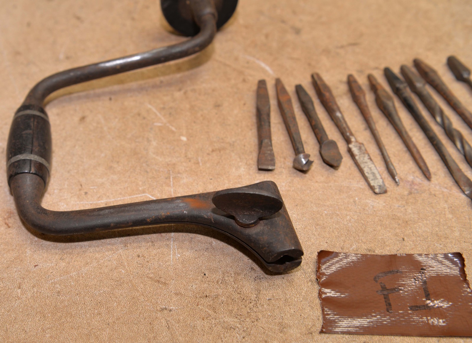 Antique No 110 Spofford Patent John Fray brace & 10 collectible drill bit lot F1