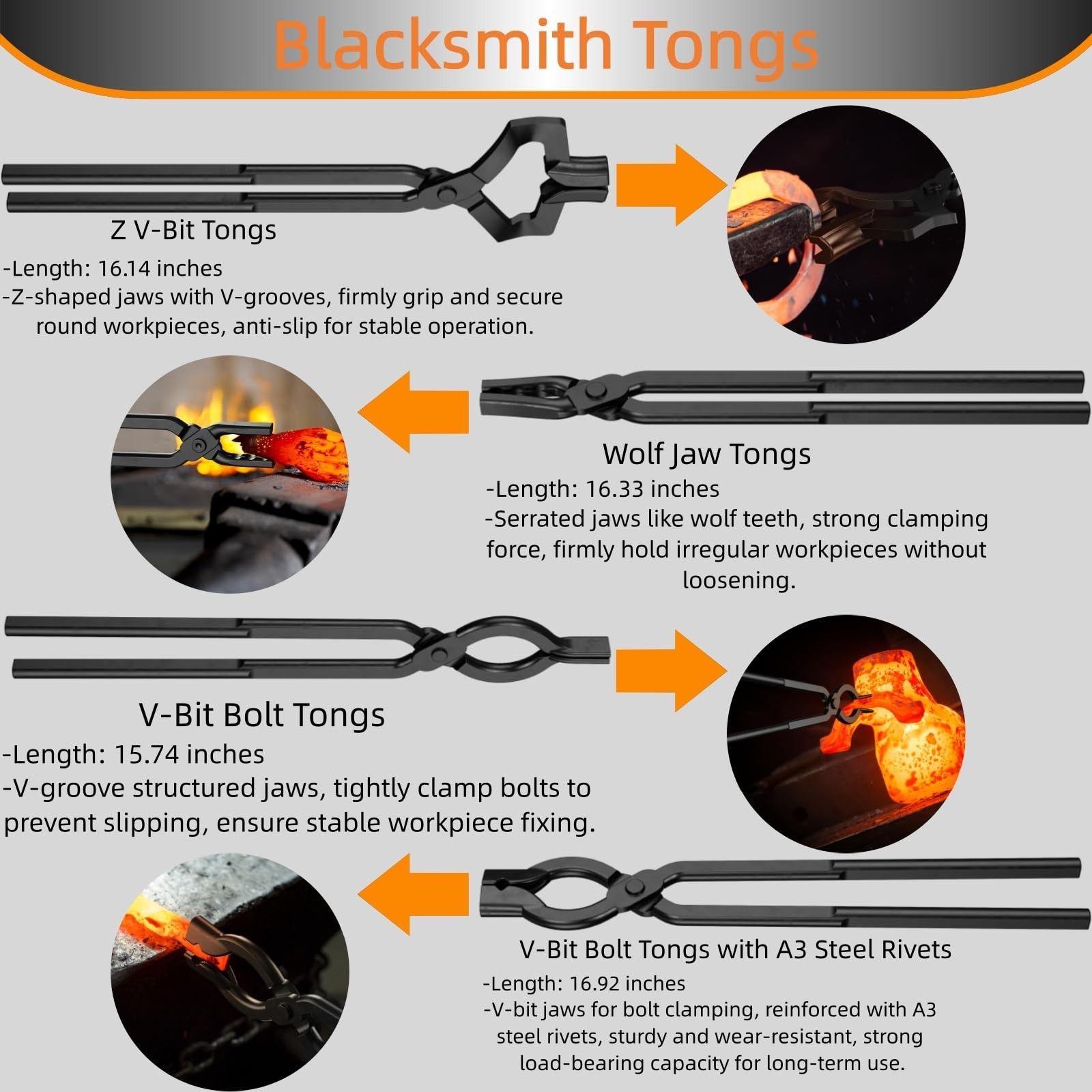 Blacksmith Tongs Set, 17 Inch Carbon Steel Forging Tongs, 5-Piece Professiona…