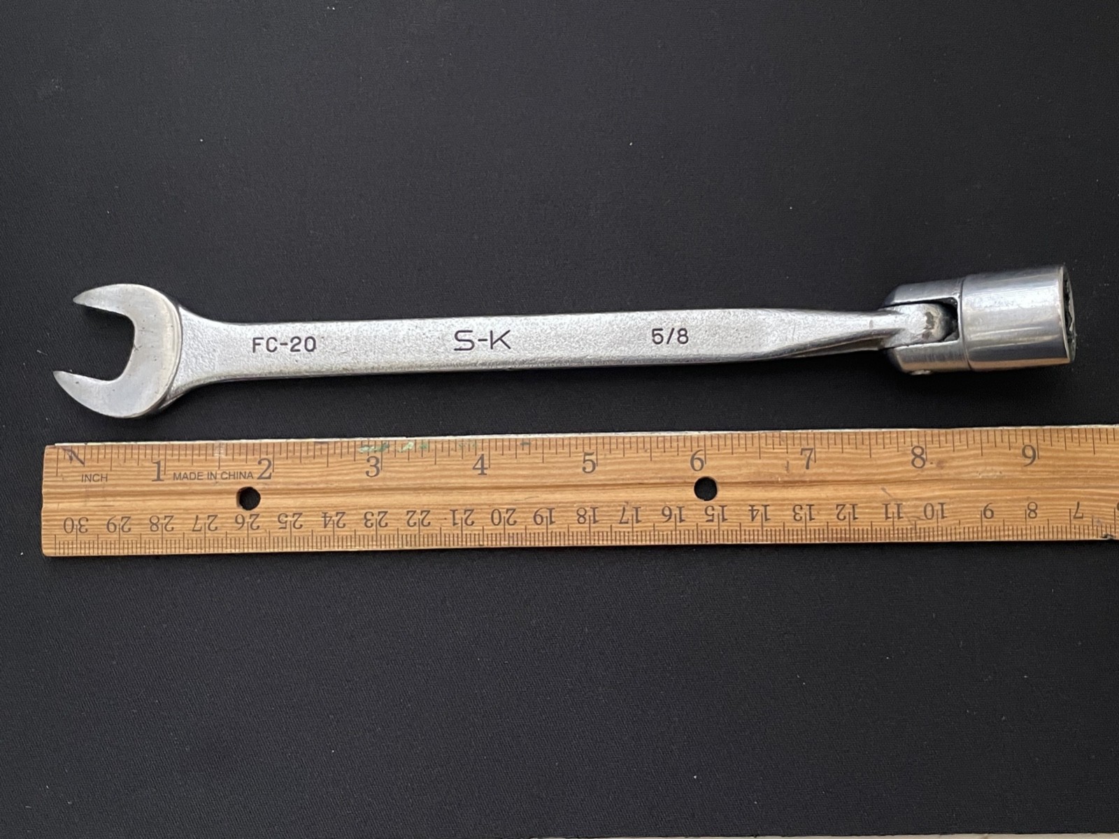 VTG. 5/8″ S-K TOOLS FC-20 COMBO FLEX HEAD SOCKET & OPEN-END WRENCH, ALLOY, USA