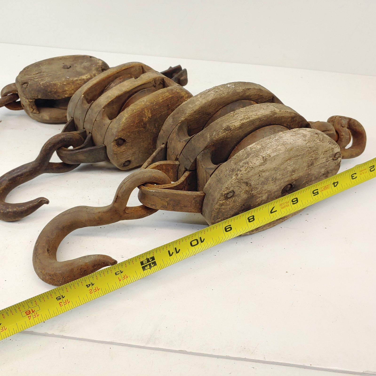 Vintage Lot Sm Lg Single Double Wood Block Tackle Pulley Hook Rustic Barn Decor