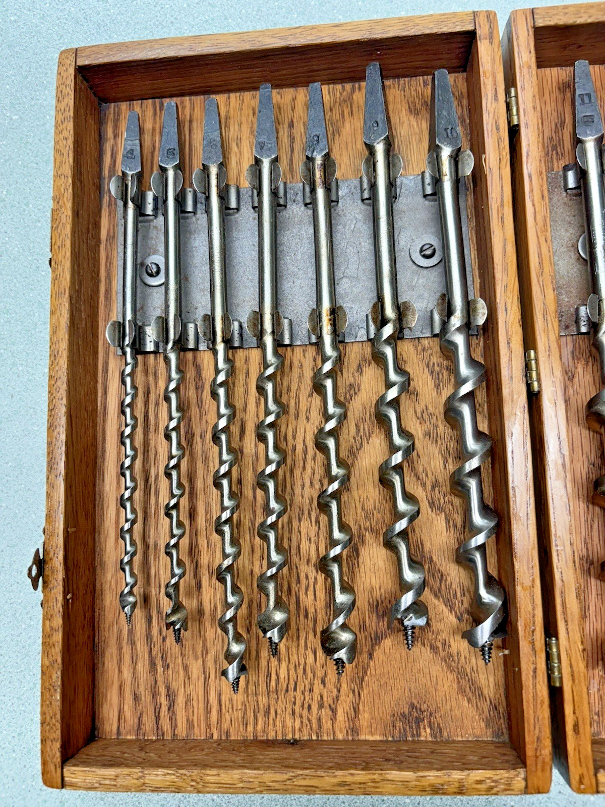 Vintage Irwin Complete 13 pc Boxed Set Auger Brace Bits Military Mint Wood Box
