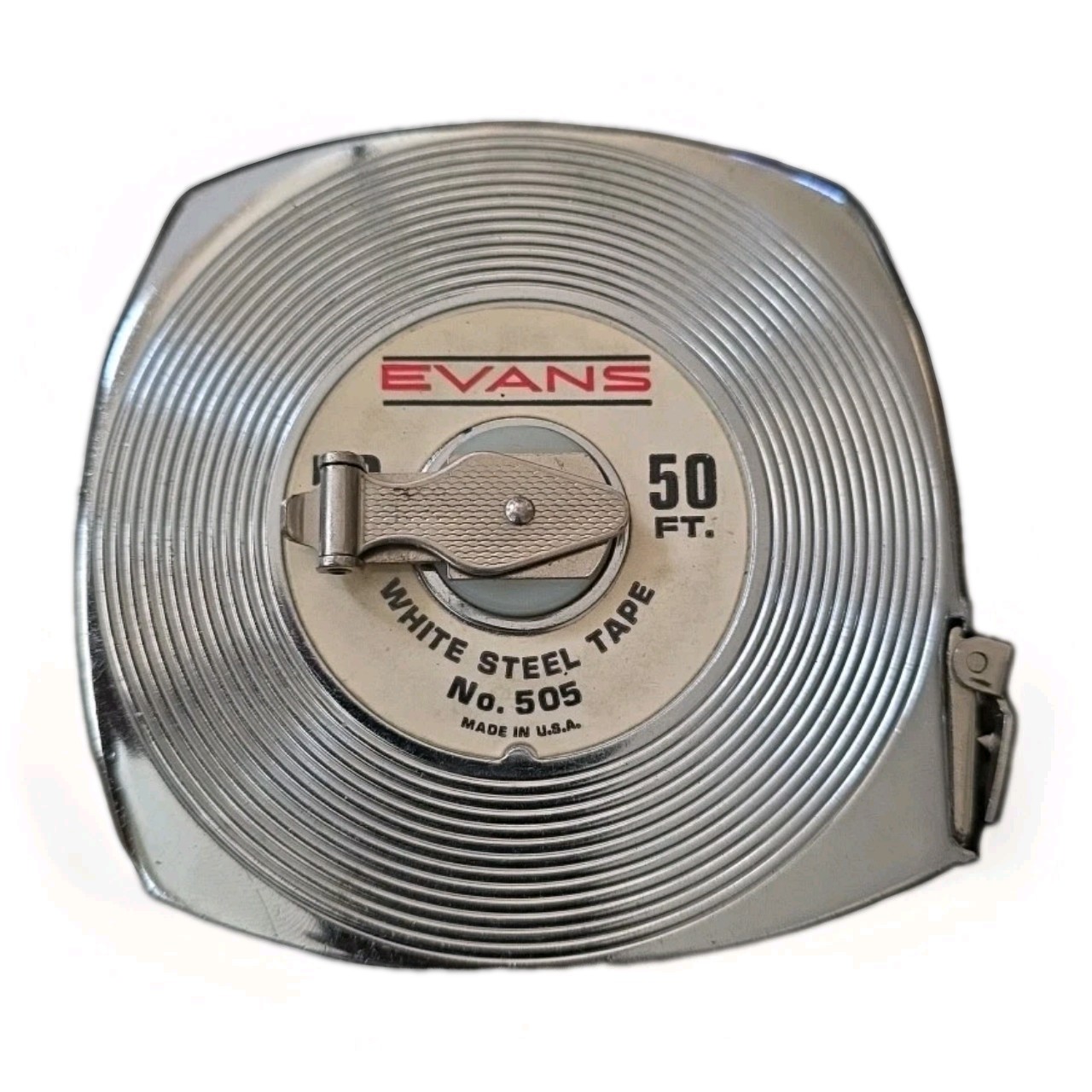 Vintage Evans 50ft White Steel Tape Measure No. # 505 Foot USA Elizabeth NJ