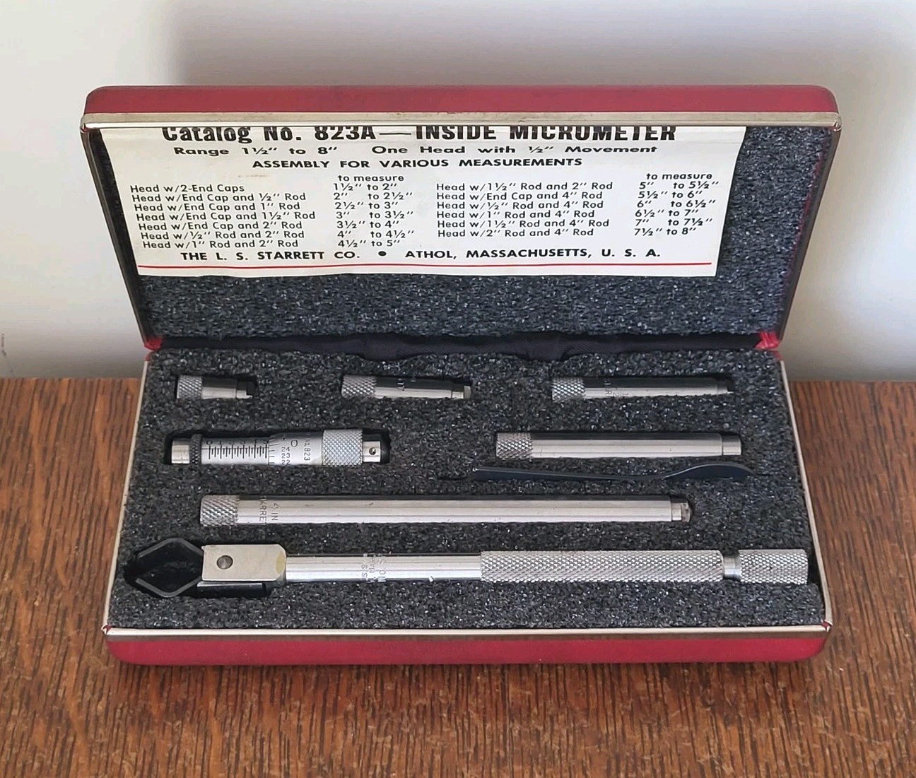 Starrett No. 823A Inside Micrometer Set w/(5) Tubular Rods (1 1/2 – 8″) & Case