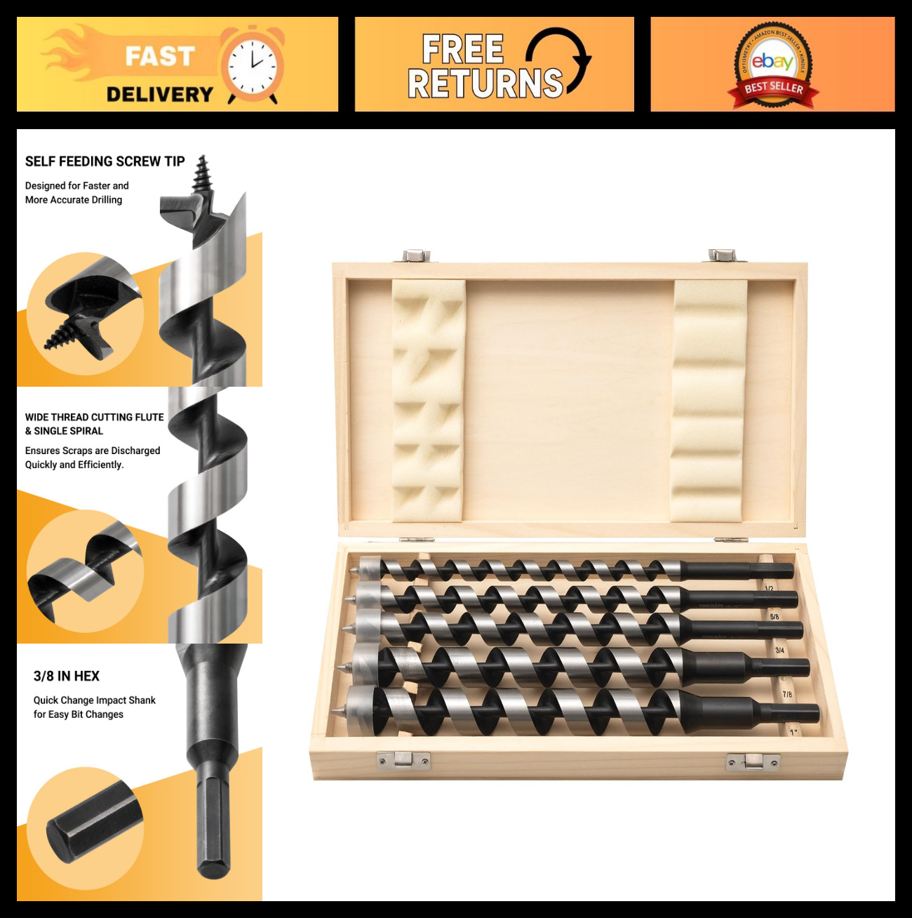 5-Piece Long Auger Drill Bit Set for Wood, Hex Shank 3/8″, 12″ Length, Sizes 1/2