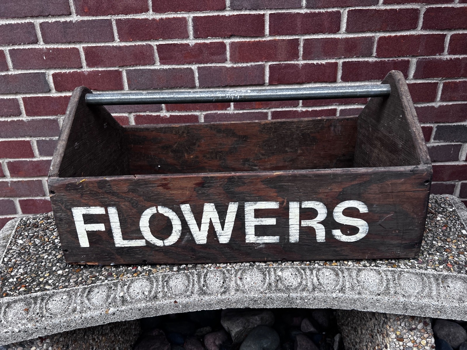Vintage Handmade Wood Tote Tool Box Crate Wood Box With Metal Handle ‘Flower’