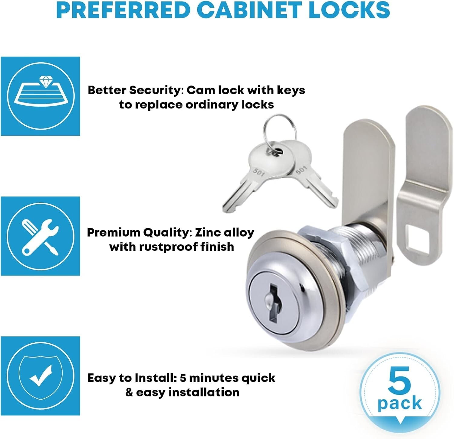 Chrome Finish Cam Locks for Tool Boxes and Drawers – Secure 5 Pack with Keys