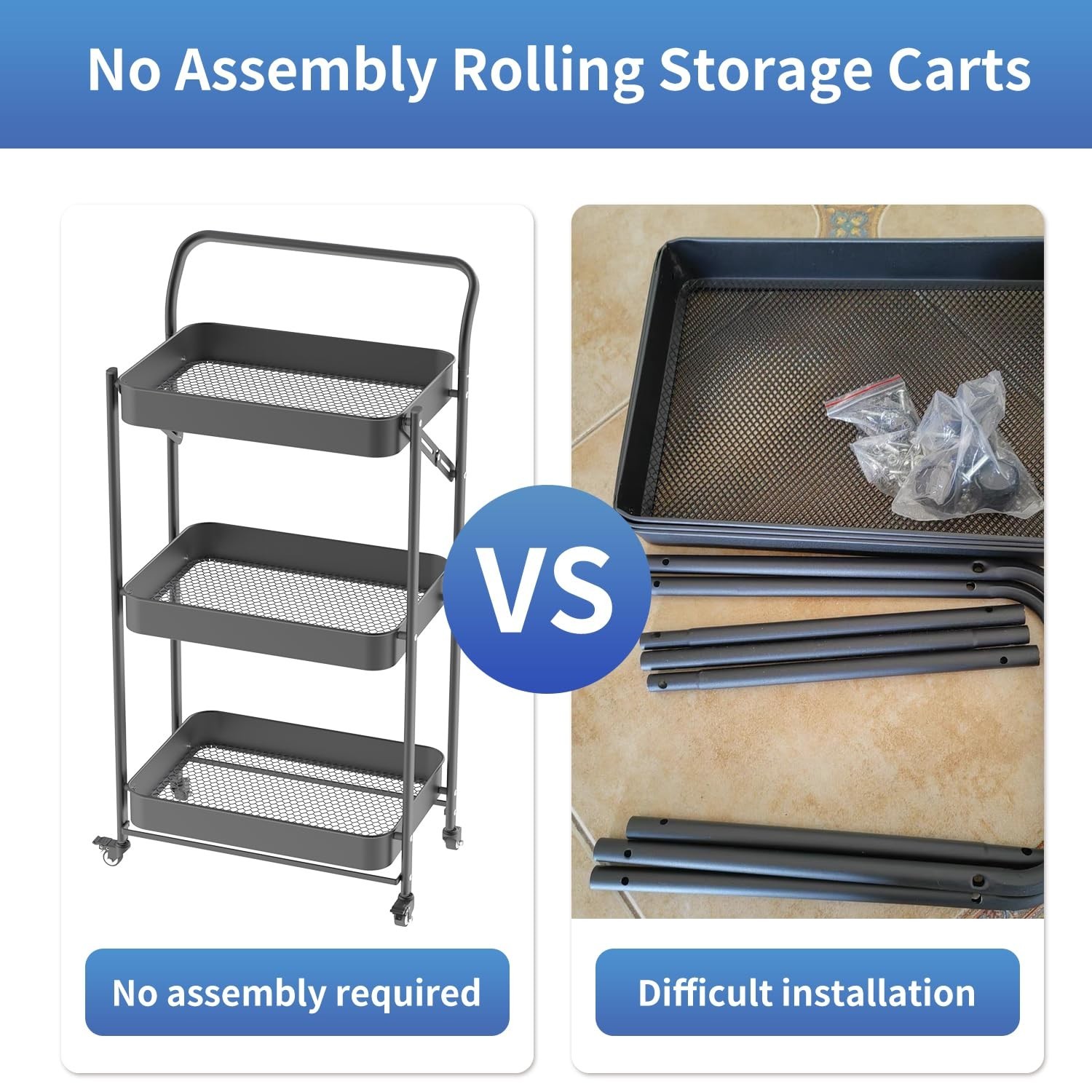 JAQ No Assembly Foldable Rolling Cart, 3 Tier Black Metal Folding Utility Car…