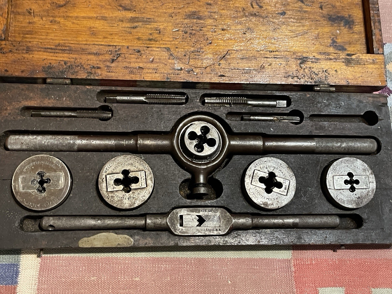 No 5 Wells Brothers Little Giant Tap & Die Set Wood Box Greenfield Mass USA Vtg