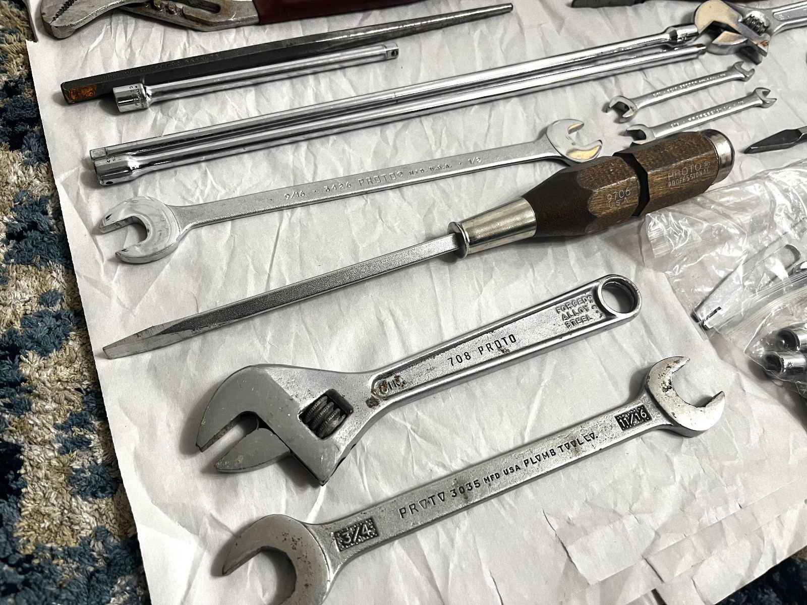 Proto Tool Lot of 27 Pieces Wrenches, Sockets, Pliers & Ratchet USA Mechanic