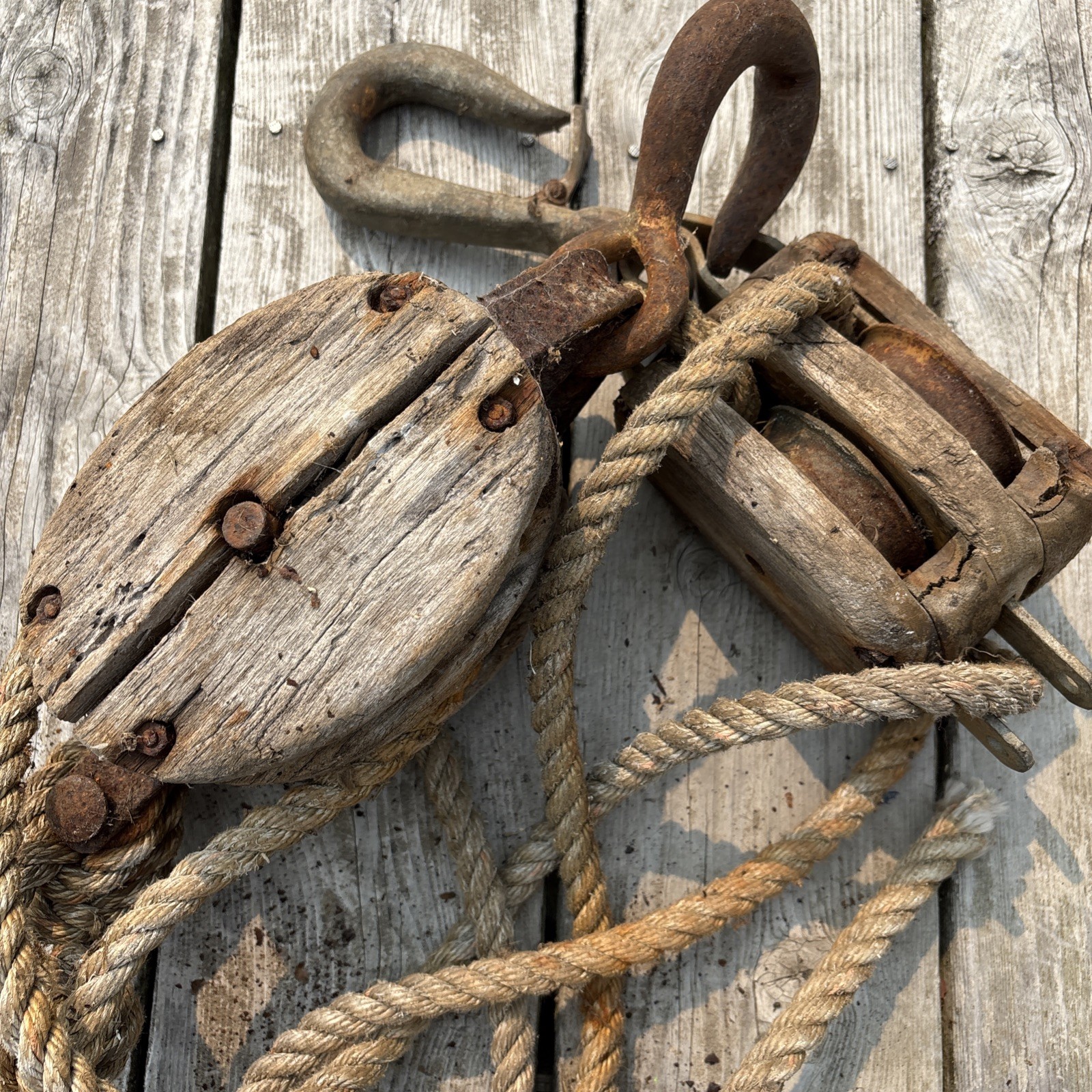 Vintage Nautical Wooden Pulley Blocks w/ Original Rope – Rustic Maritime Decor