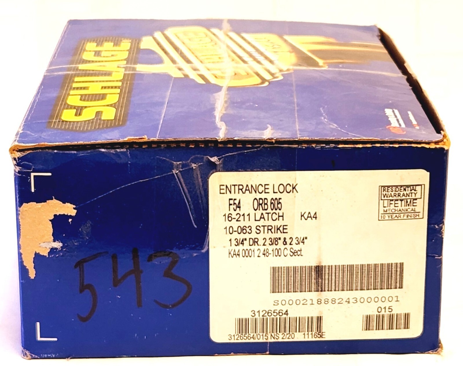 SCHLAGE F54ORB605 KEYED ENTRY KNOB LOCKSET, POLISHED BRASS (NEW_OPEN BOX)