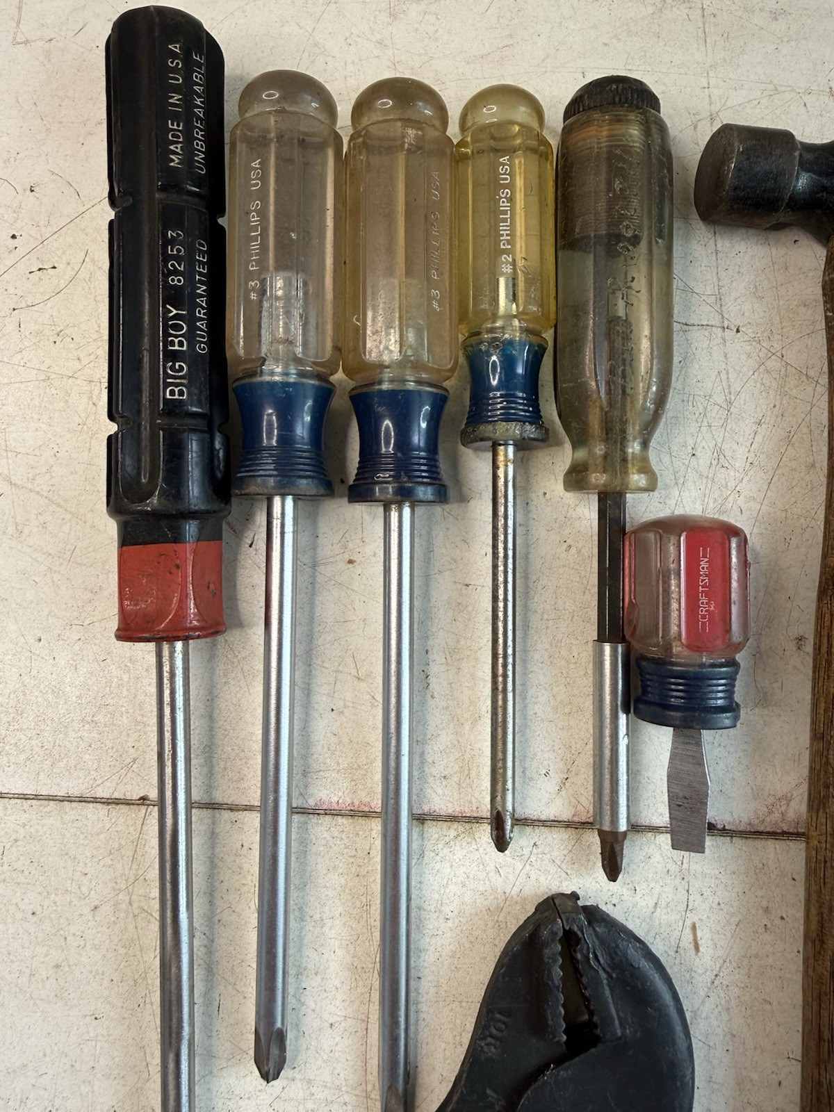 Vintage Assorted Tools Screwdrivers, Ball Peen, C clamps, vise grip, and others