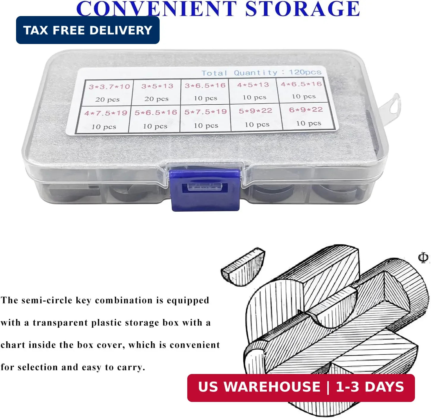 120PCS Woodruff Key Assortment Kit, 10 Sizes Carbon Steel Semicircle Bond Key Me