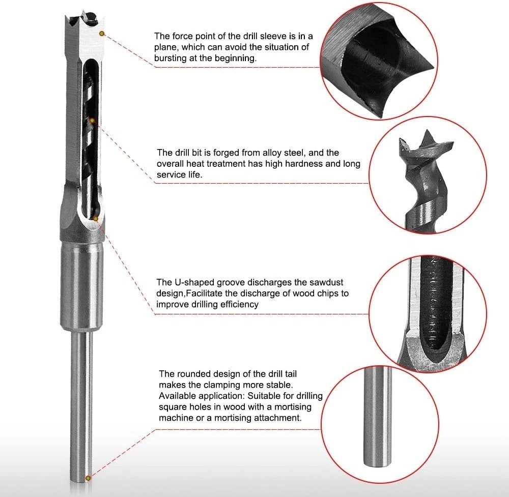 Professional Wood Square Hole Drill Bits 6pc HSS Mortising Chisel Set 1/4-5/8