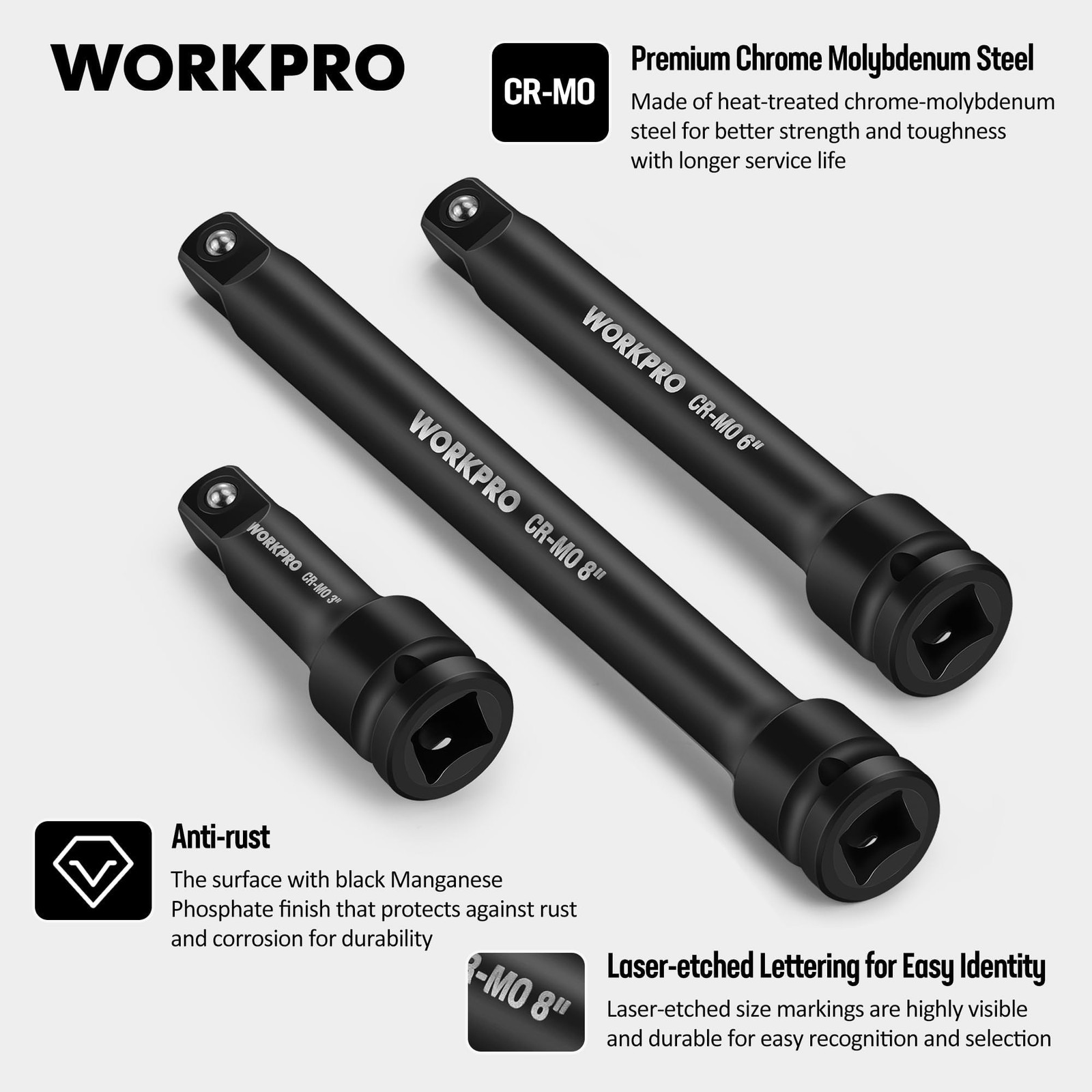 WORKPRO 1/2-Inch Drive Impact Extension Bar Set, CR-MO Steel | 3-Piece, 3″, 6…