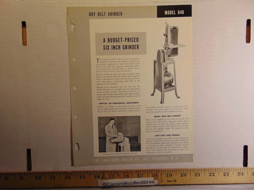 Vintage Dry Belt Grinder Model 648 Engelberg INC Syracuse NY Brochure
