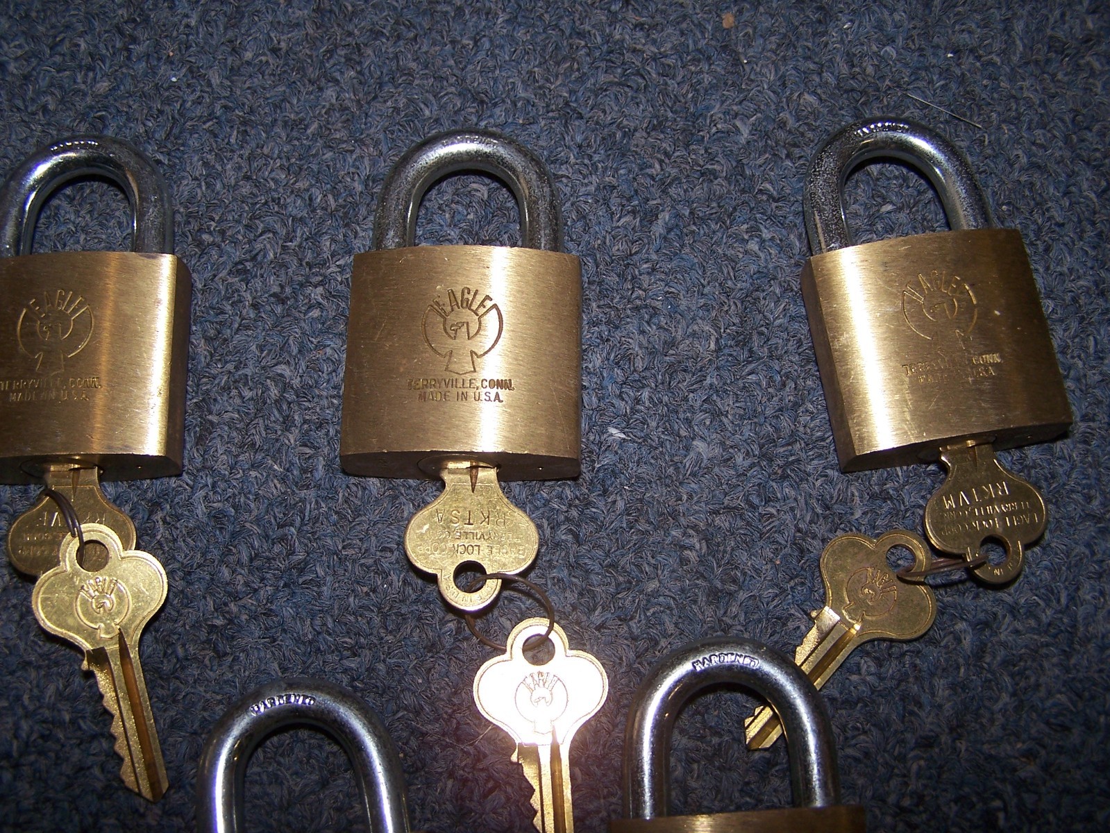 LOT of 5 Brass Eagle Padlocks not keyed alike but all with 2 keys Made in USA