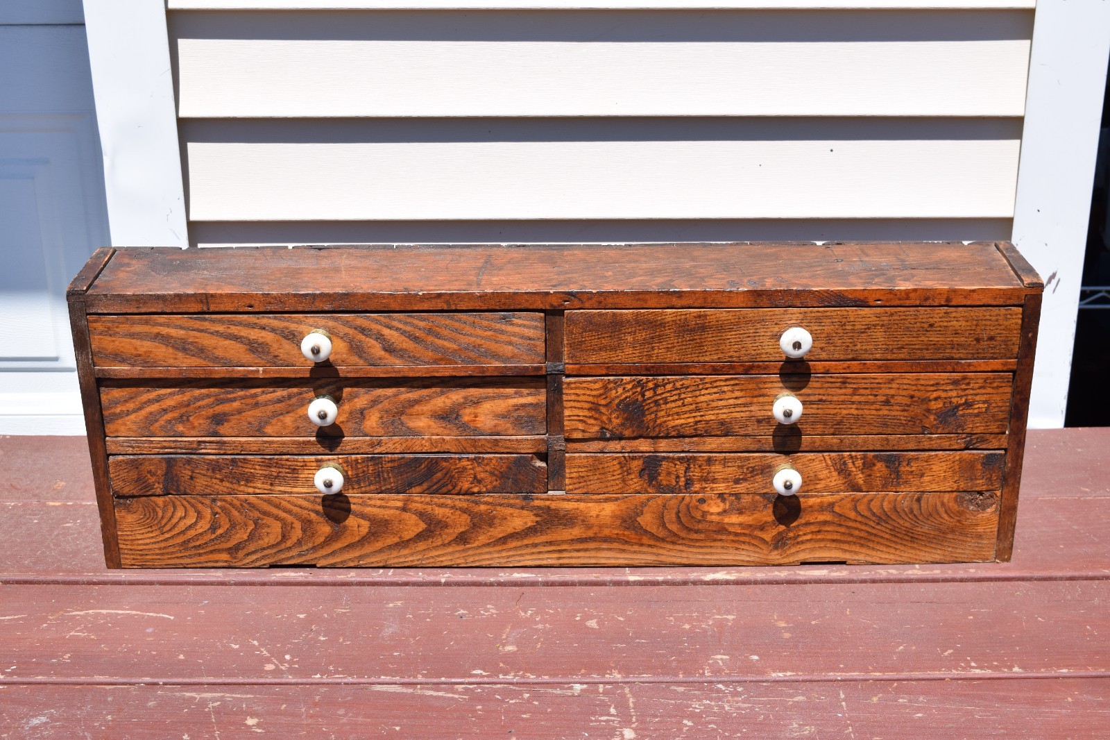 Antique Tiger Oak Machinist Tool Chest 6 Drawer Porcelain Knobs Tool Box Cabinet