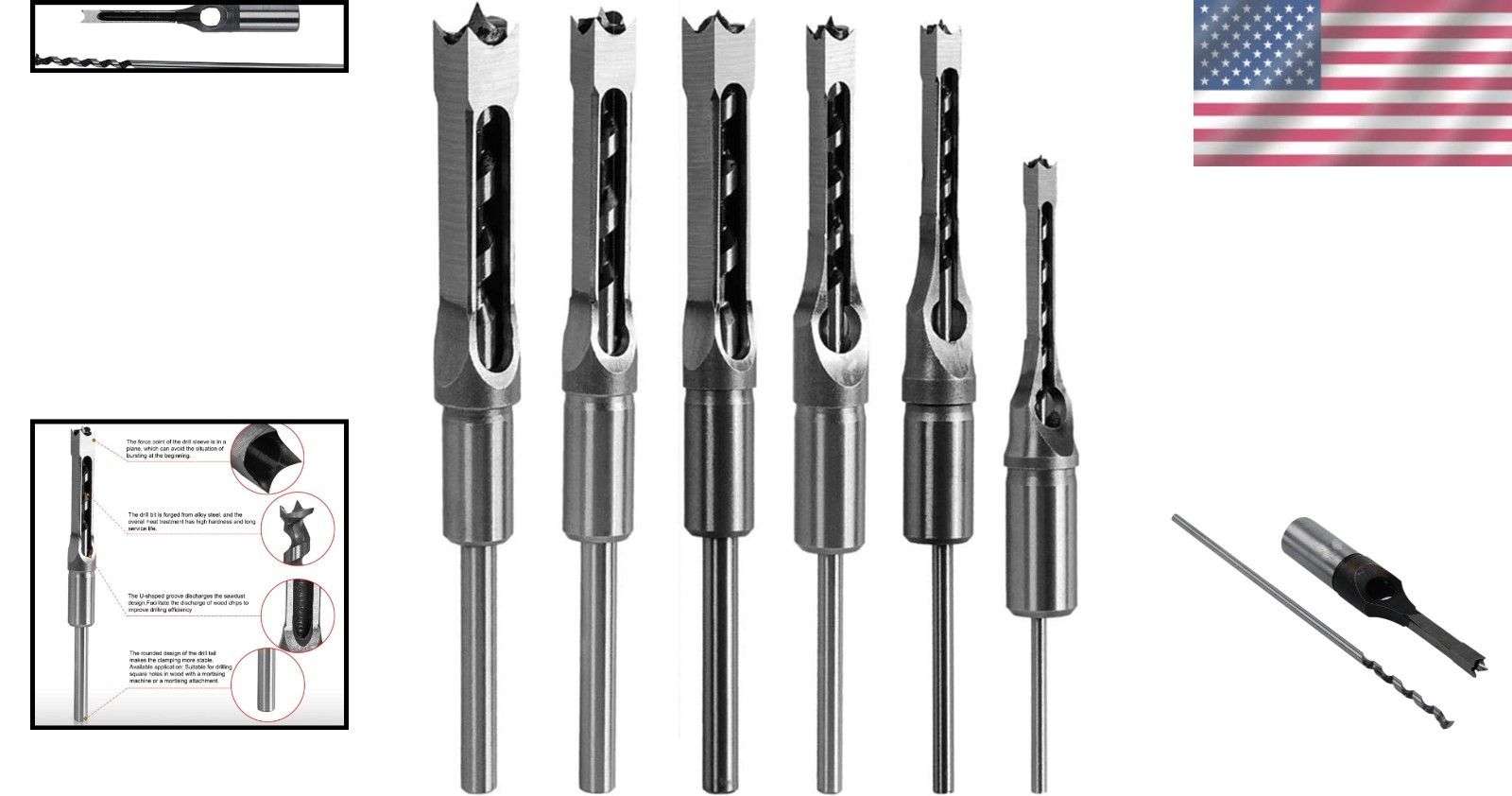 Professional Wood Square Hole Drill Bits 6pc HSS Mortising Chisel Set 1/4-5/8