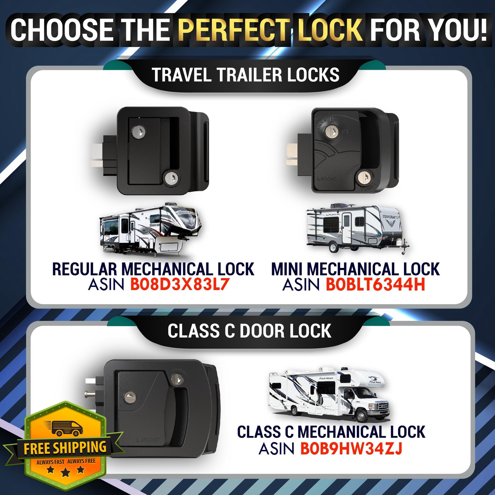 LATCH.IT RV Door Lock Replacement Black Metal 3.50×4.50